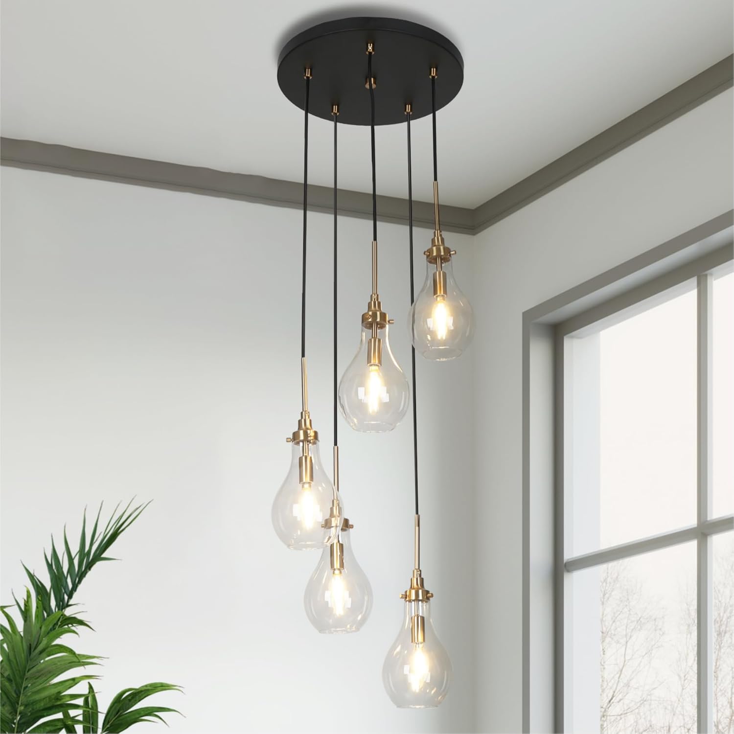 Modern 5-Light Black and Gold Pendant Chandelier with Clear Glass Shades, Adjustable E26 Ceiling Light