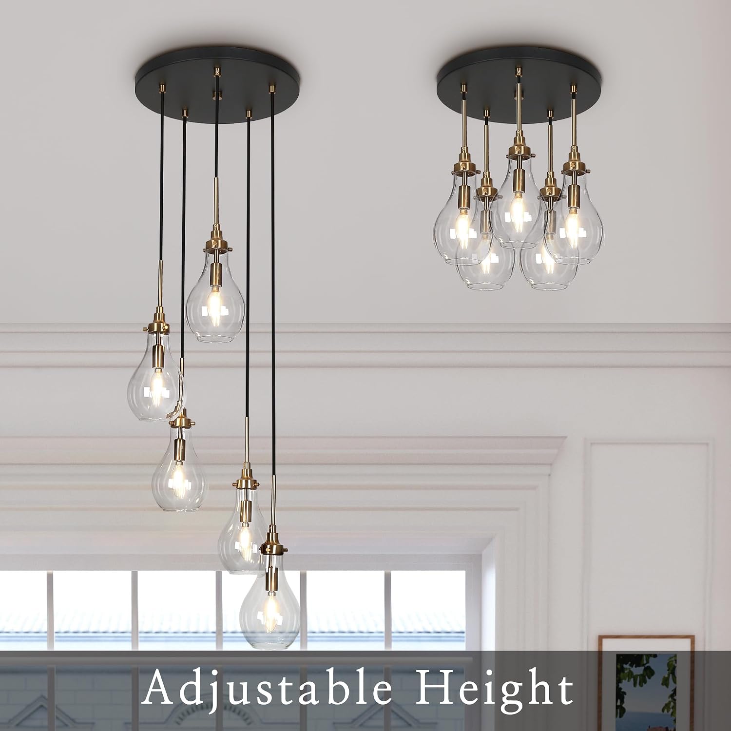 Modern 5-Light Black and Gold Pendant Chandelier with Clear Glass Shades, Adjustable E26 Ceiling Light