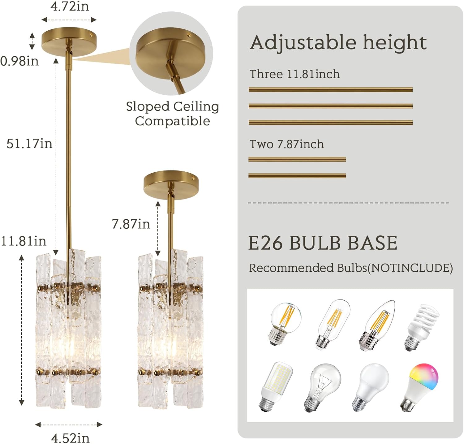 Modern Crystal Pendant Light – Adjustable Gold Ceiling Light Fixture with E26 Base