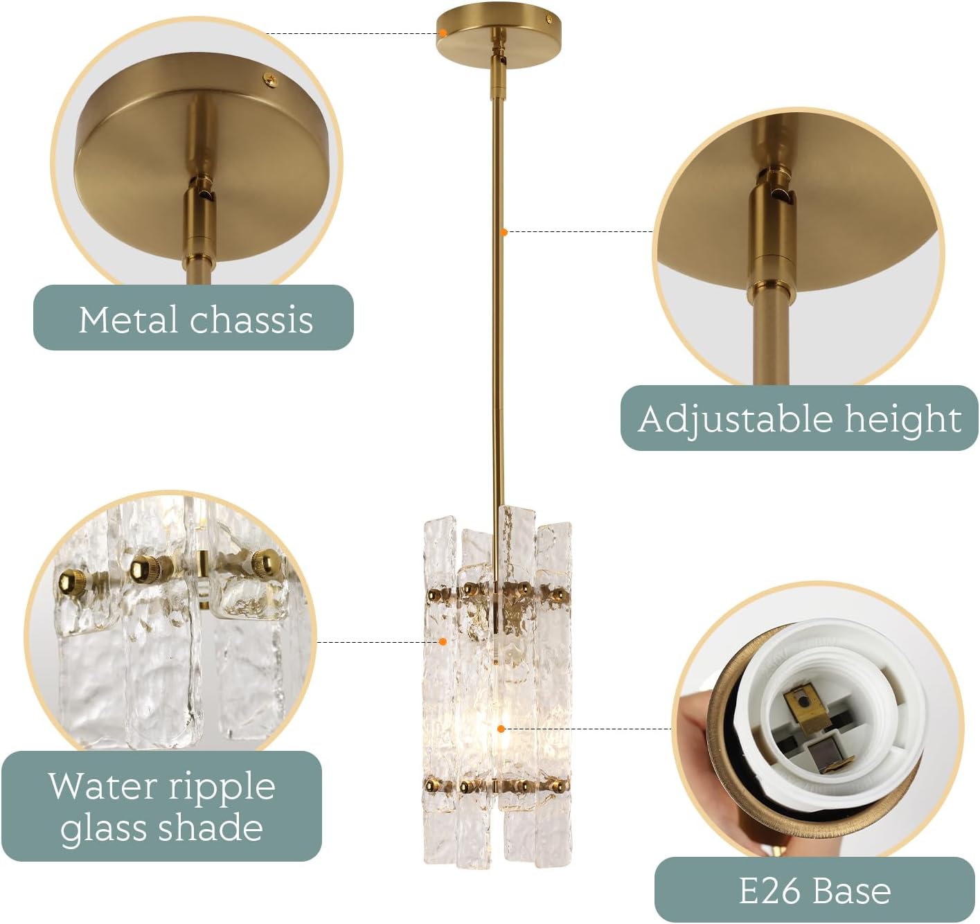 Modern Crystal Pendant Light – Adjustable Gold Ceiling Light Fixture with E26 Base