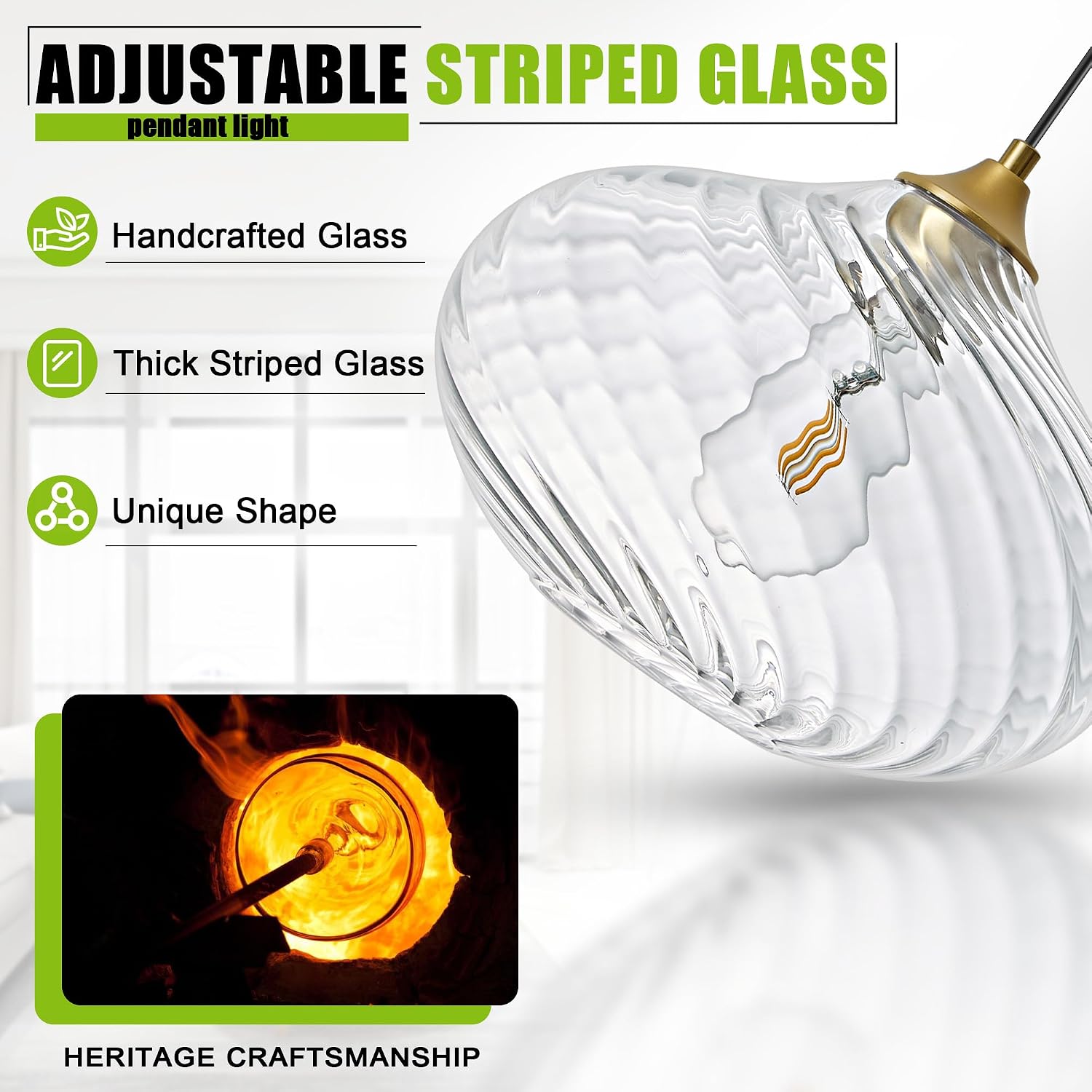 Handcrafted Clear Striped Glass Pendant Light 11-Inch Adjustable Gold Hanging Lamp