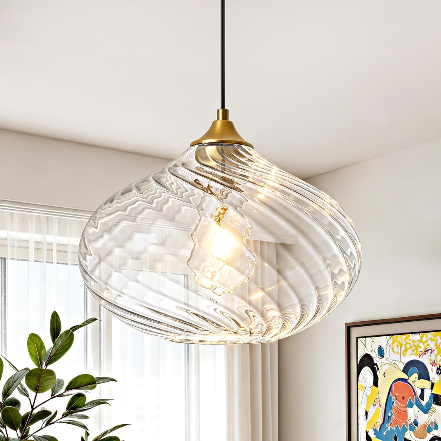 Handcrafted Clear Striped Glass Pendant Light 11-Inch Adjustable Gold Hanging Lamp