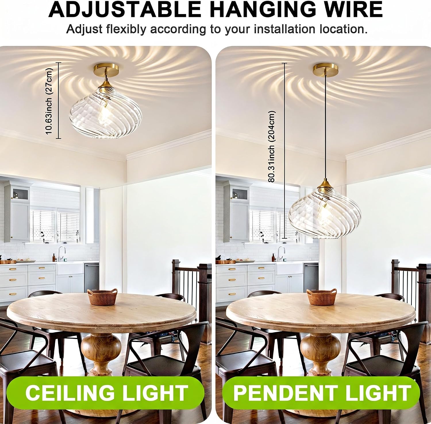 Handcrafted Clear Striped Glass Pendant Light 11-Inch Adjustable Gold Hanging Lamp