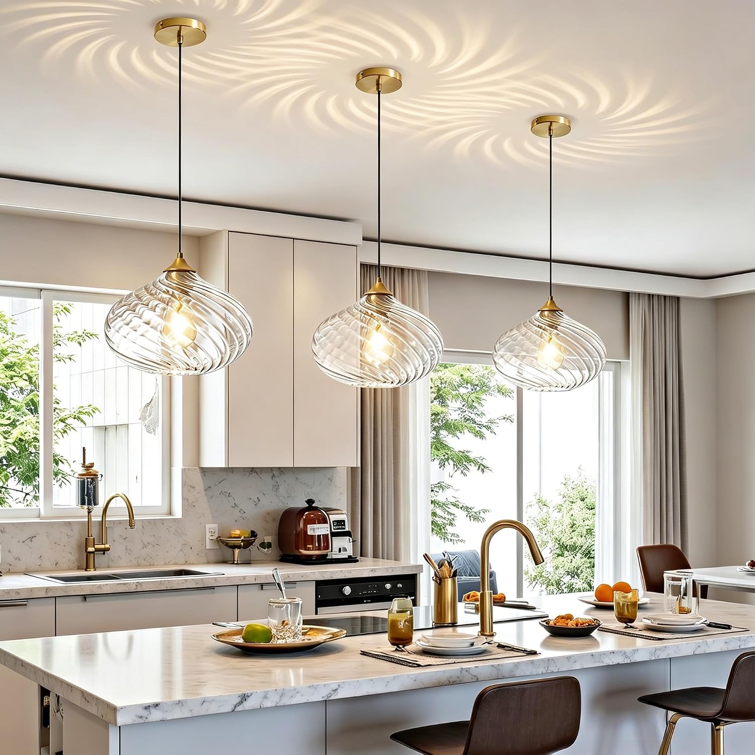 Handcrafted Clear Striped Glass Pendant Light 11-Inch Adjustable Gold Hanging Lamp