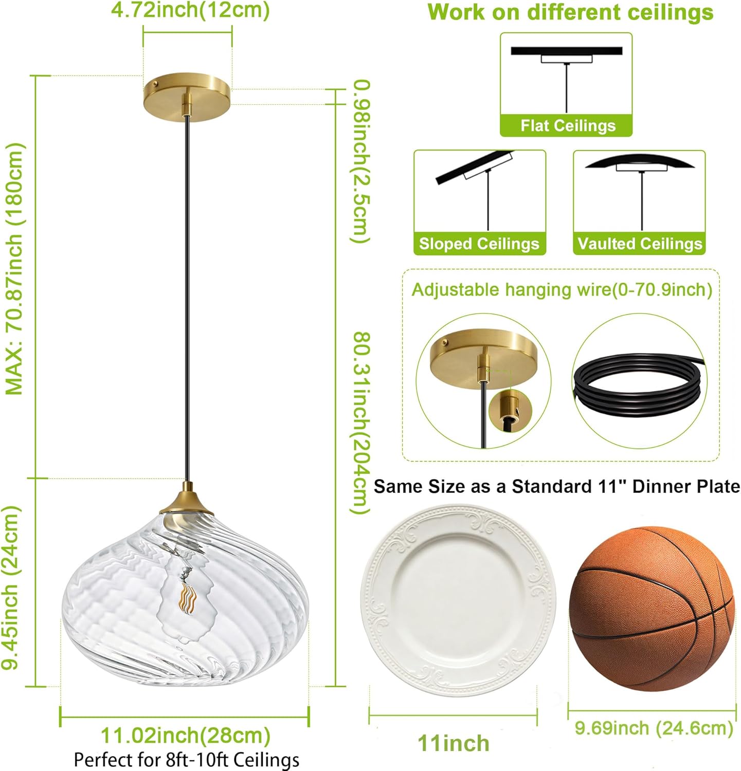 Handcrafted Clear Striped Glass Pendant Light 11-Inch Adjustable Gold Hanging Lamp