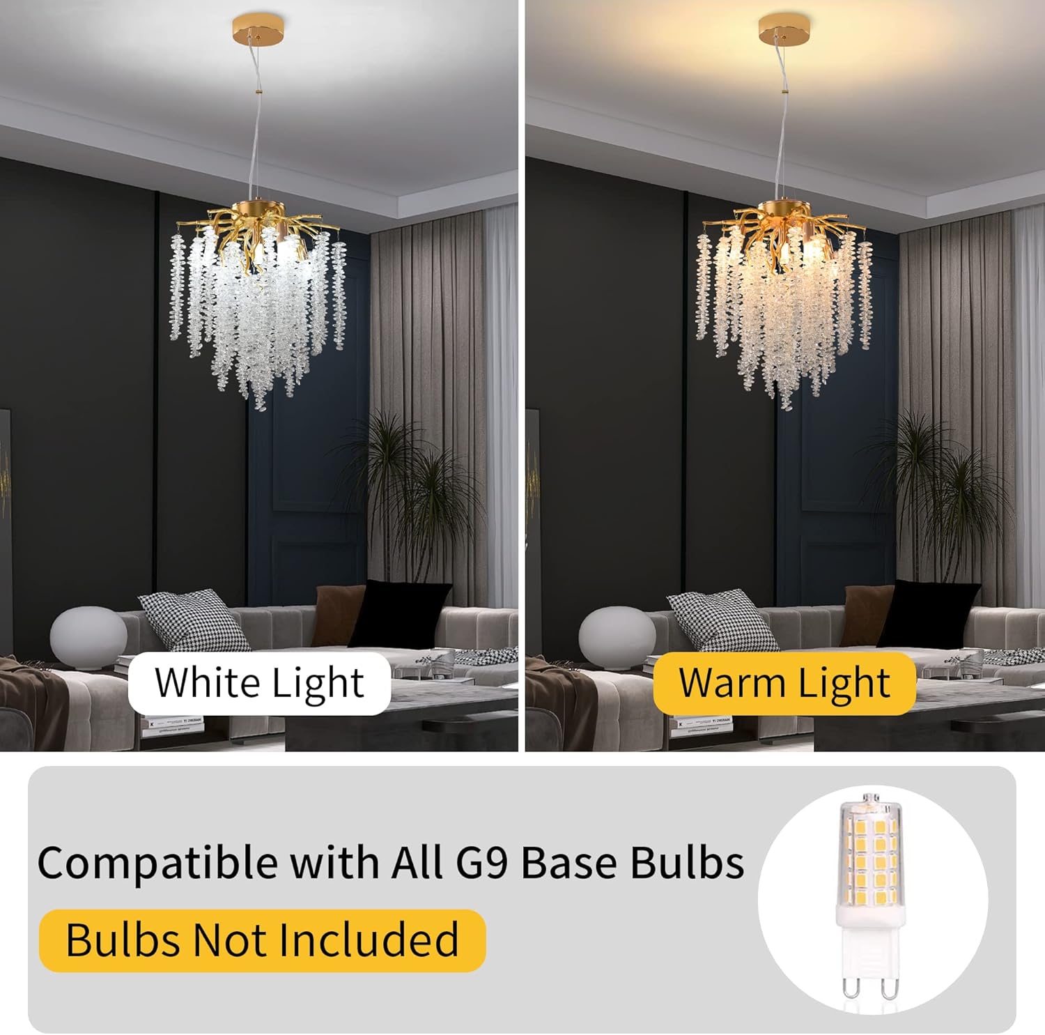 Modern K9 Crystal Chandelier – Adjustable Gold Pendant Light for G9 Bulbs
