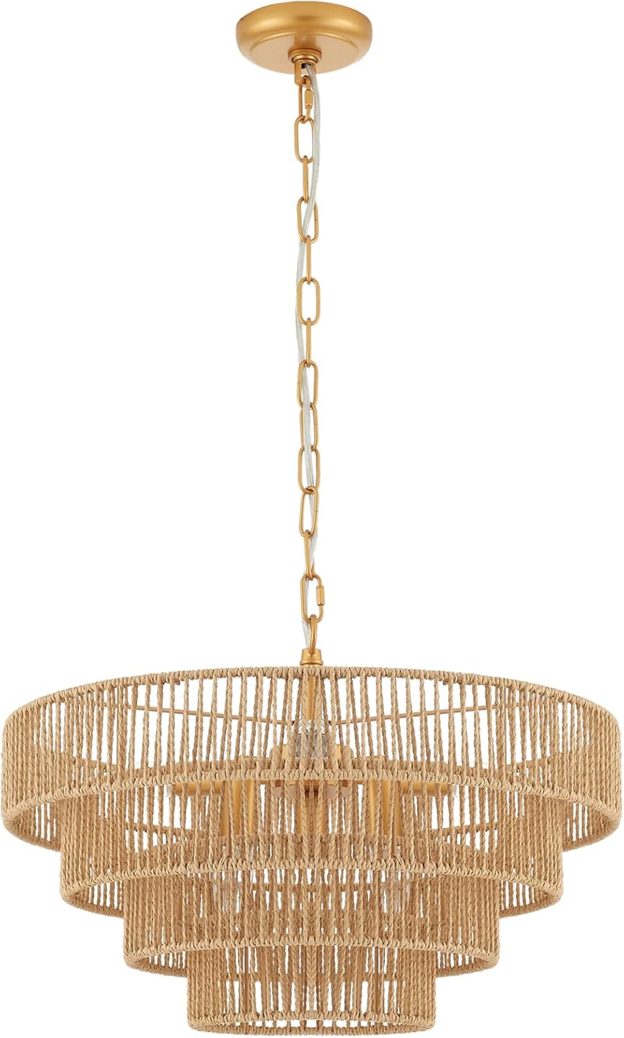 Modern Luxury Rattan Tiered Round Pendant Light Adjustable Gold LED Chandelier
