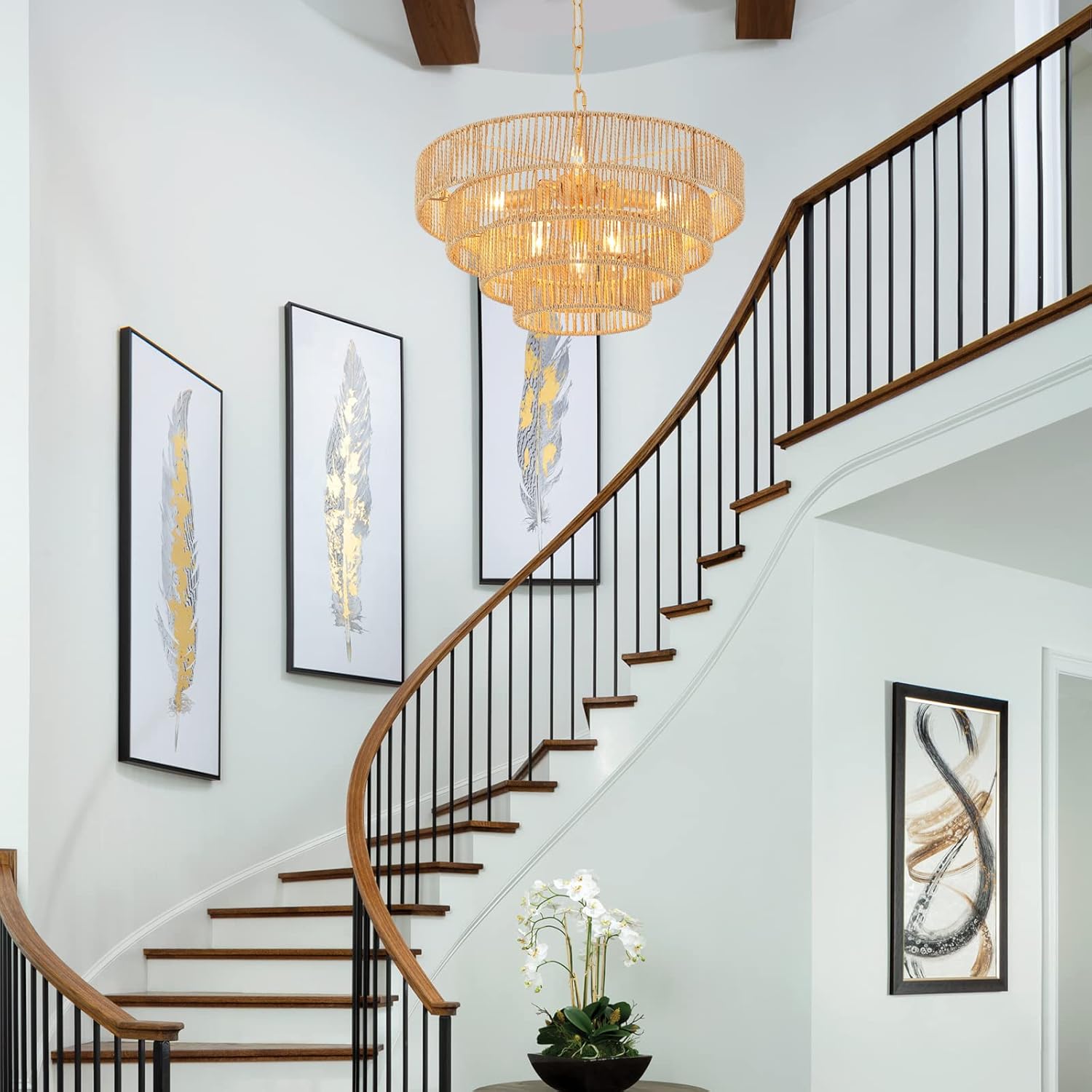 Modern Luxury Rattan Tiered Round Pendant Light Adjustable Gold LED Chandelier
