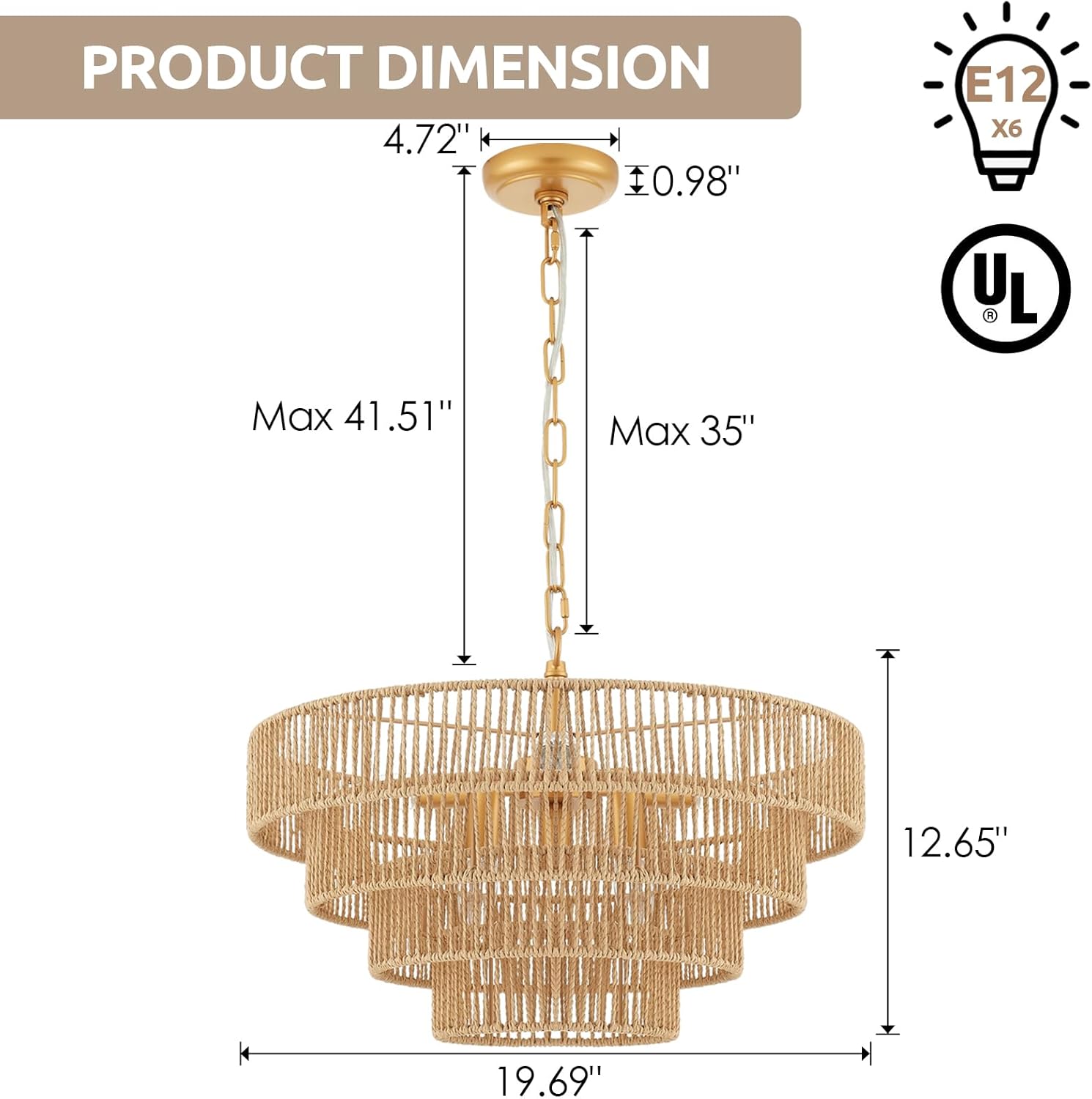 Modern Luxury Rattan Tiered Round Pendant Light Adjustable Gold LED Chandelier