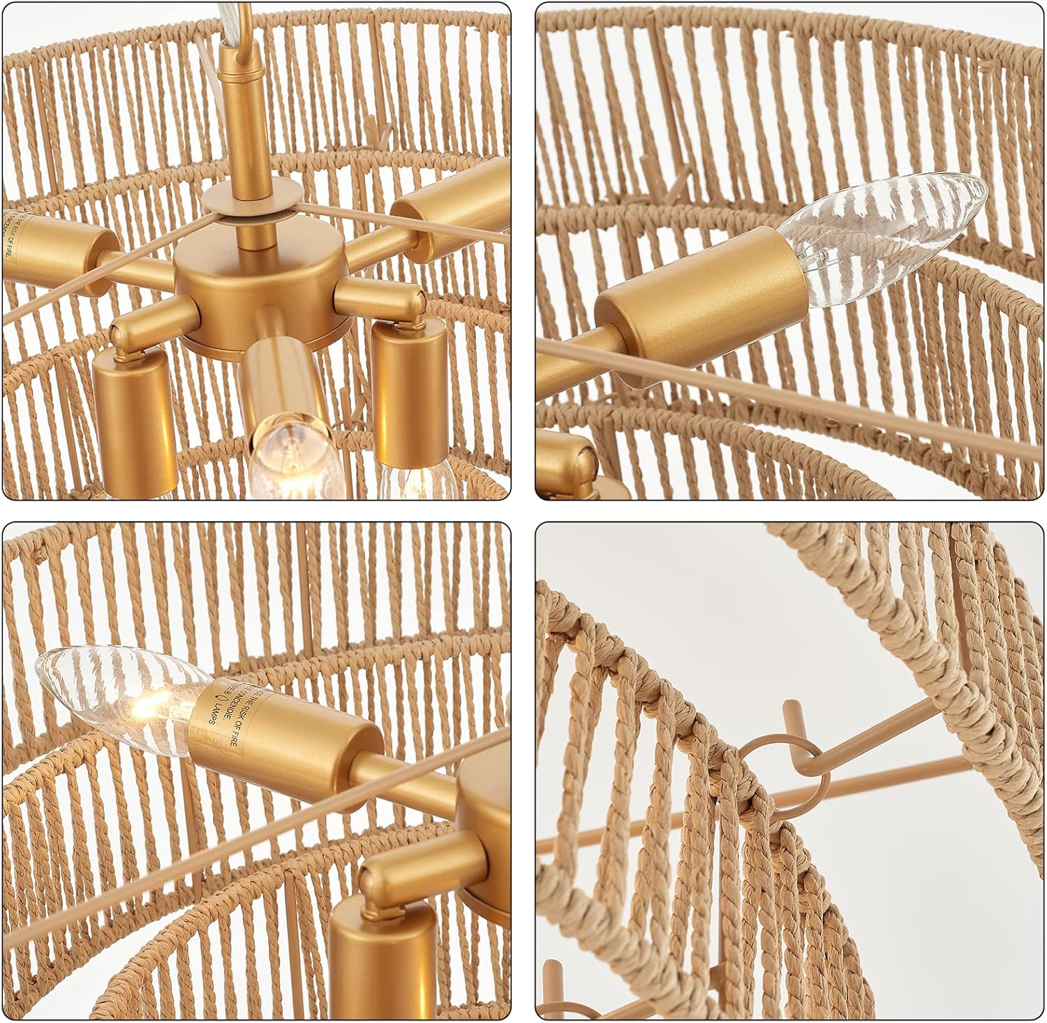 Modern Luxury Rattan Tiered Round Pendant Light Adjustable Gold LED Chandelier