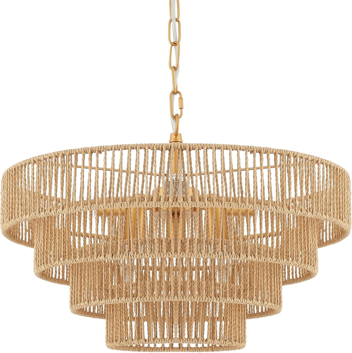 Modern Luxury Rattan Tiered Round Pendant Light Adjustable Gold LED Chandelier
