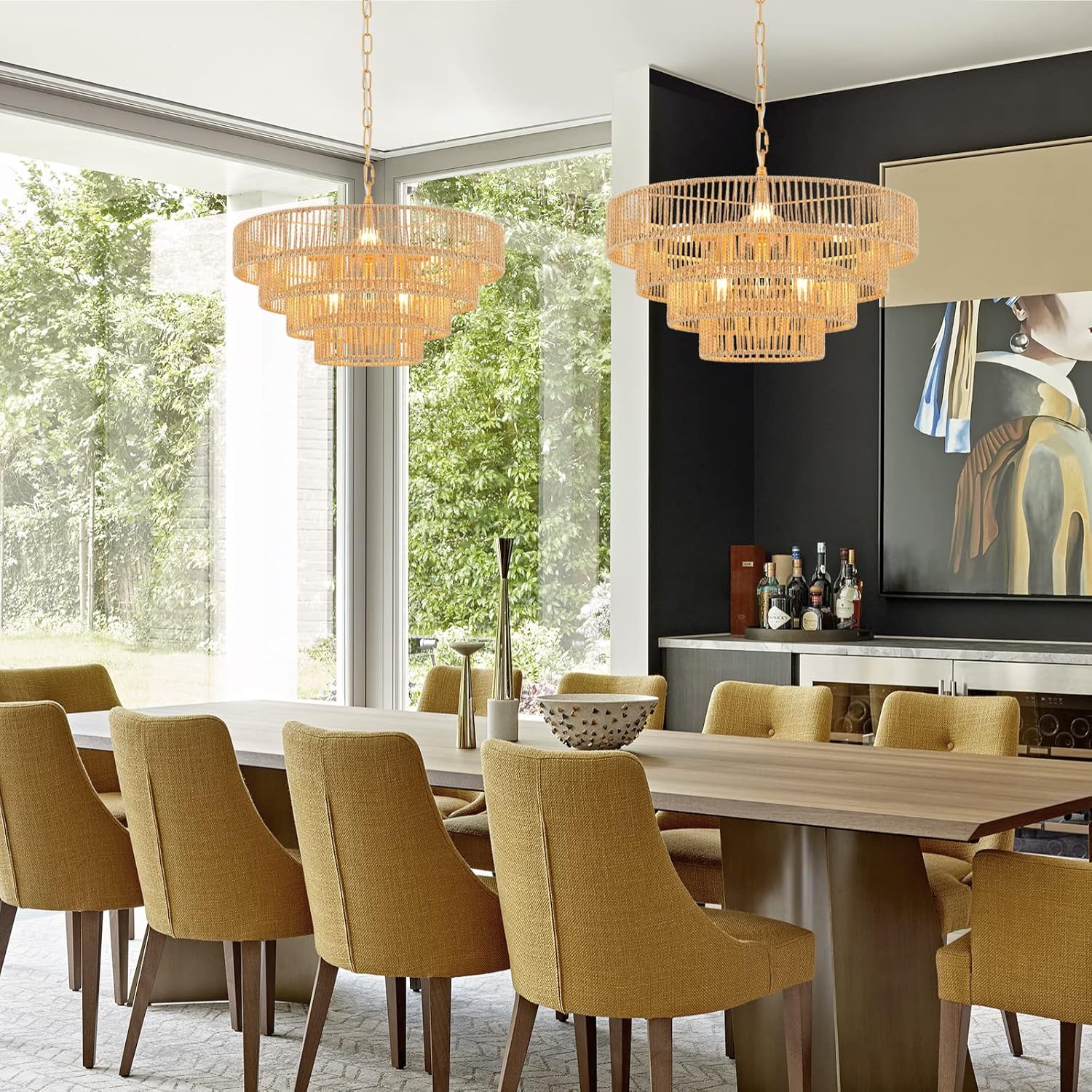 Modern Luxury Rattan Tiered Round Pendant Light Adjustable Gold LED Chandelier