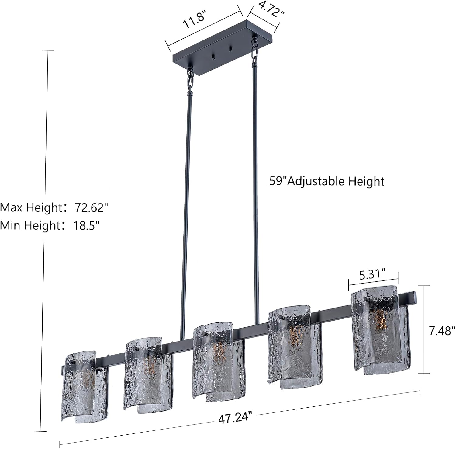 Modern Black Linear Glass Pendant Light 6-Light Kitchen Island Chandelier Adjustable Hanging Fixture