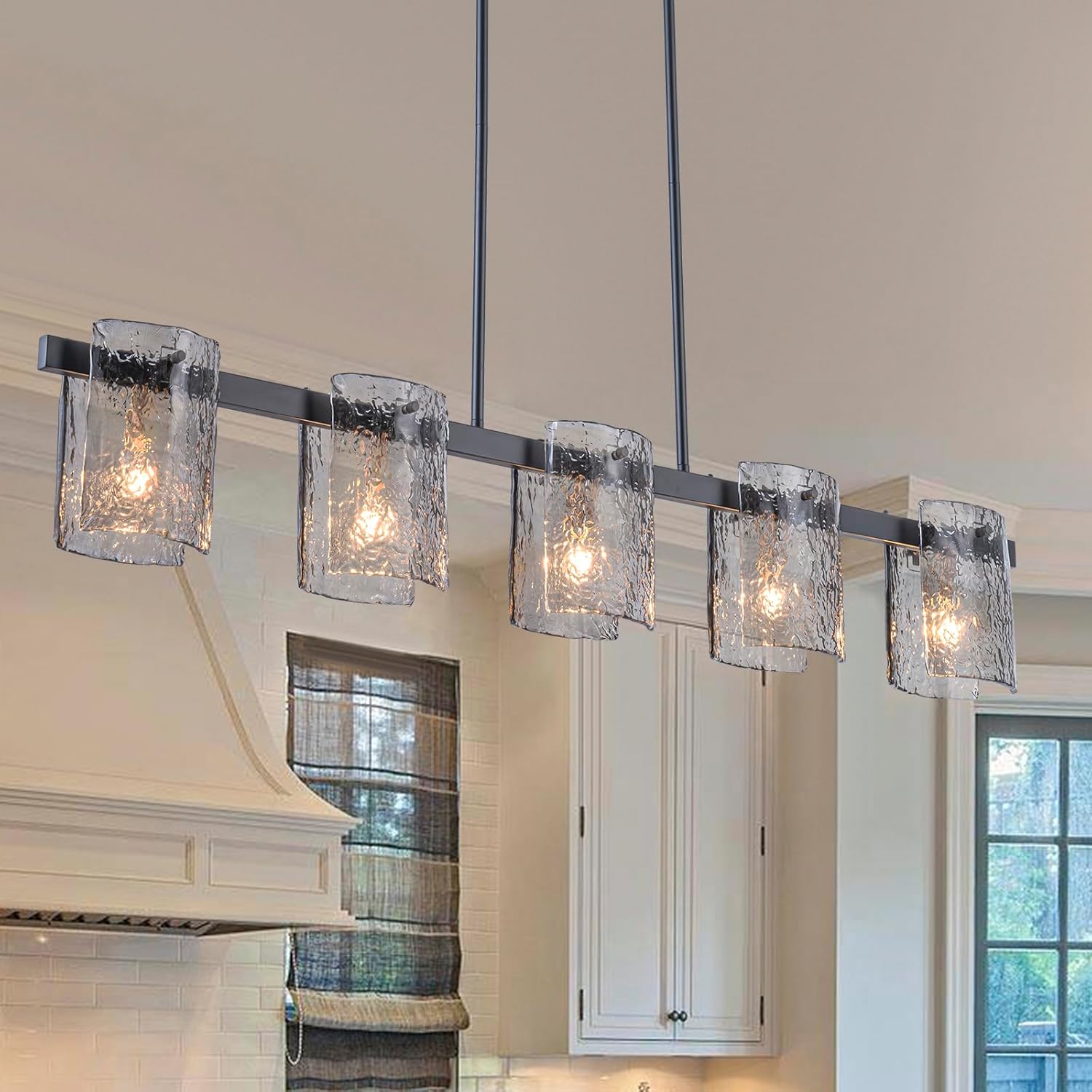 Modern Black Linear Glass Pendant Light 6-Light Kitchen Island Chandelier Adjustable Hanging Fixture