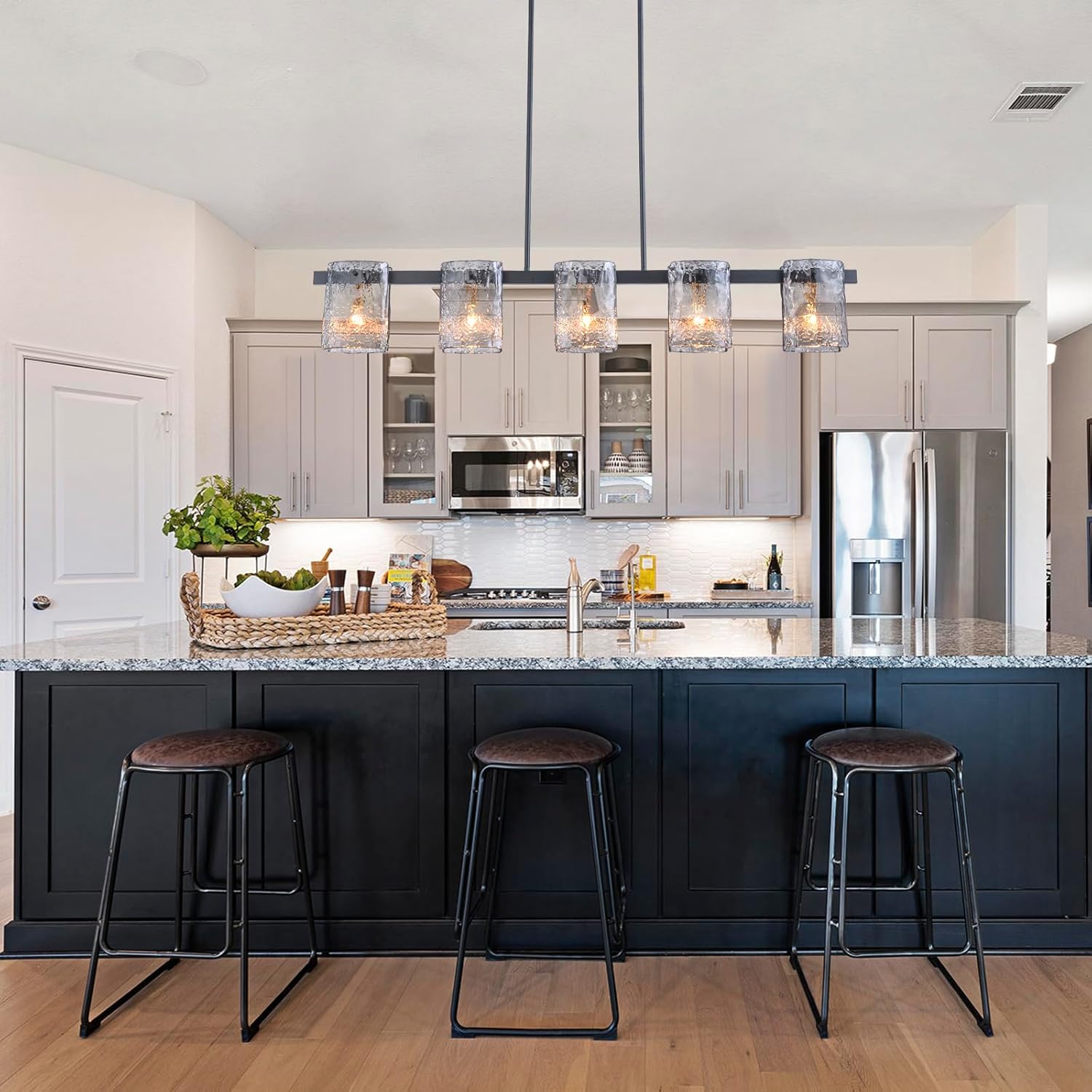 Modern Black Linear Glass Pendant Light 6-Light Kitchen Island Chandelier Adjustable Hanging Fixture