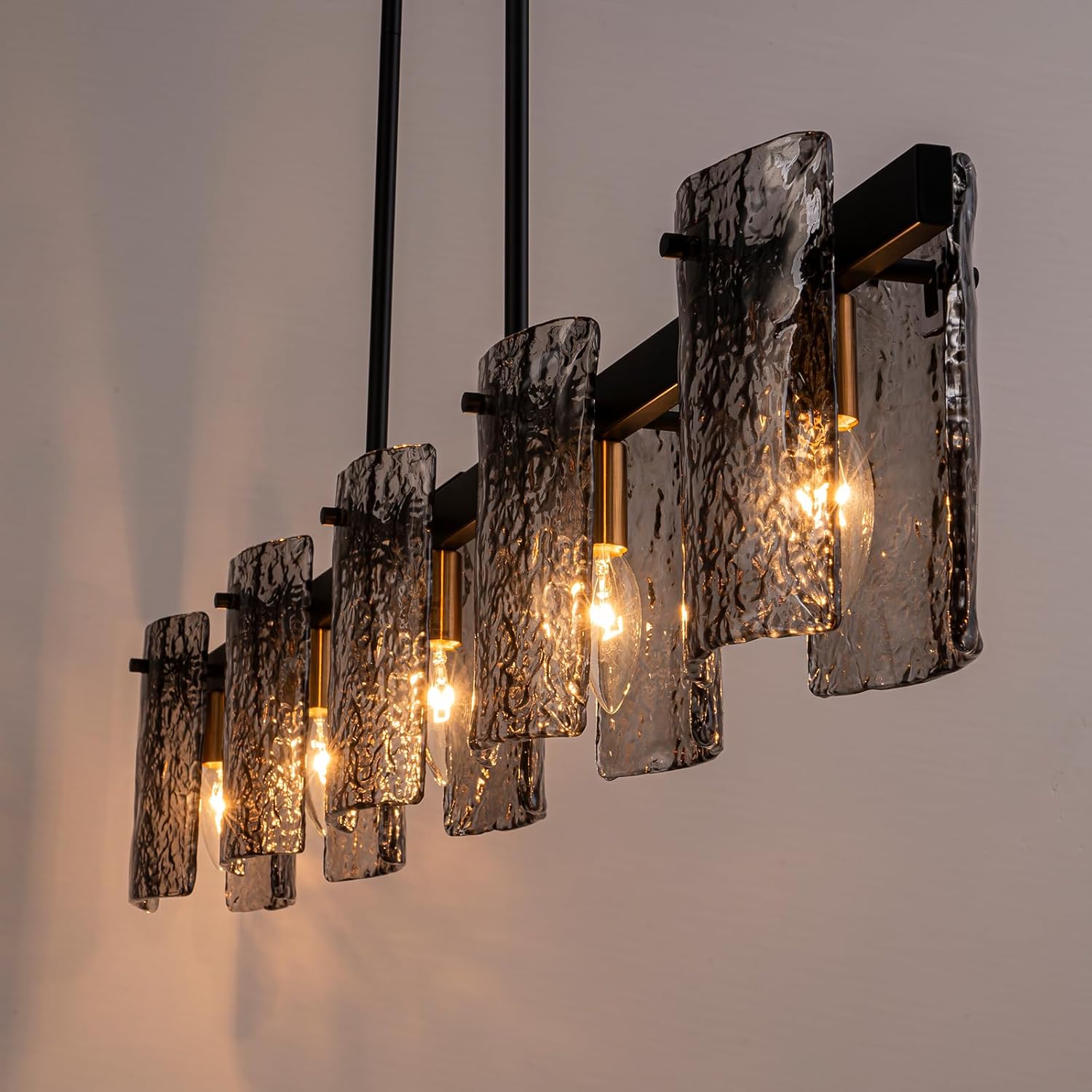 Modern Black Linear Glass Pendant Light 6-Light Kitchen Island Chandelier Adjustable Hanging Fixture