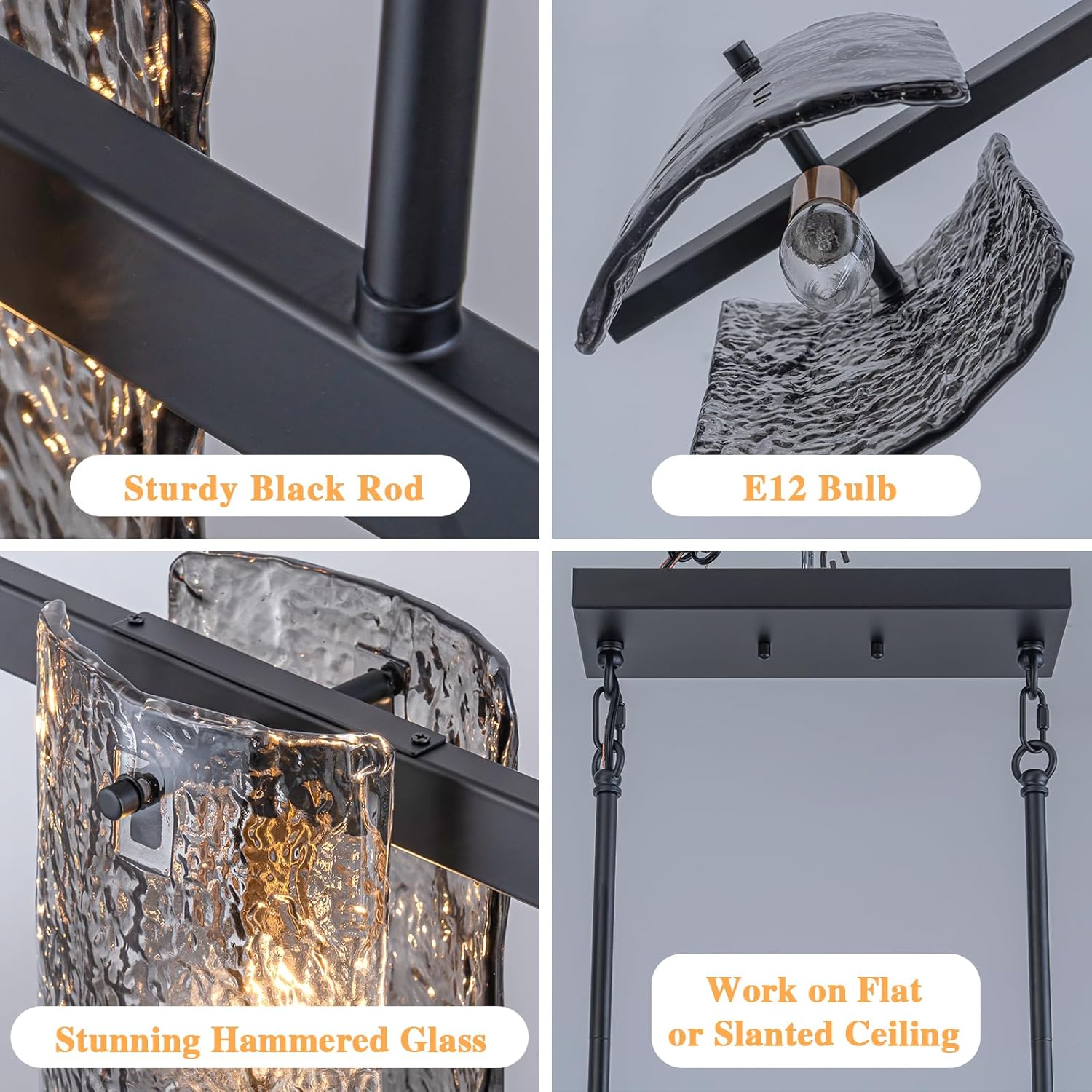 Modern Black Linear Glass Pendant Light 6-Light Kitchen Island Chandelier Adjustable Hanging Fixture