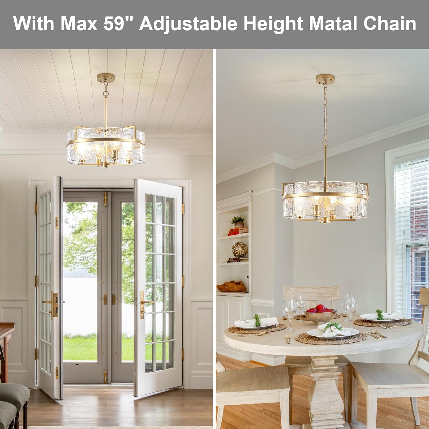 Modern Gold Water Ripple Glass Drum Pendant Light 4-Light Adjustable Hanging Chandelier