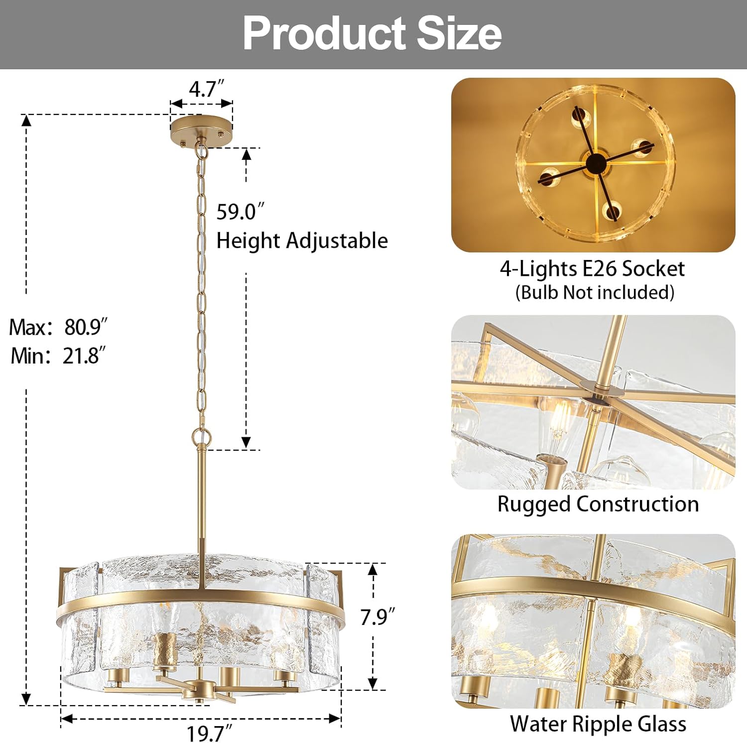 Modern Gold Water Ripple Glass Drum Pendant Light 4-Light Adjustable Hanging Chandelier
