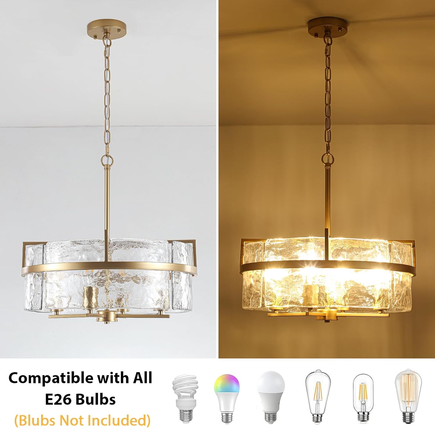 Modern Gold Water Ripple Glass Drum Pendant Light 4-Light Adjustable Hanging Chandelier