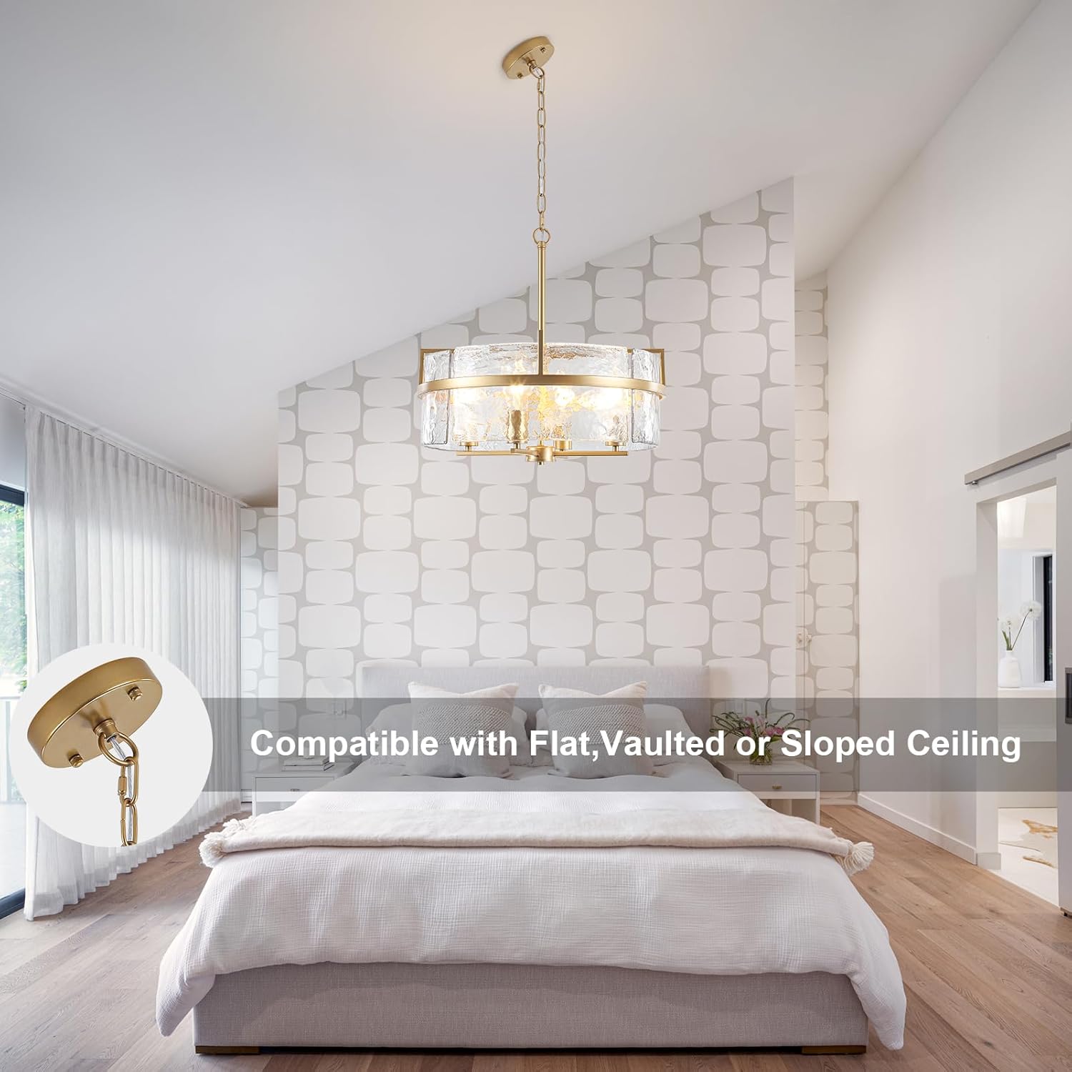 Modern Gold Water Ripple Glass Drum Pendant Light 4-Light Adjustable Hanging Chandelier