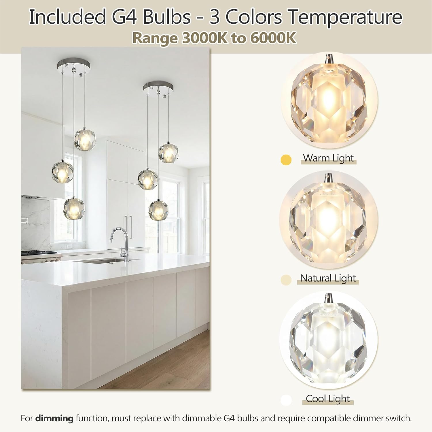Modern 3-Light Chrome Crystal Globe Pendant Chandelier Adjustable Height with G4 Bulbs