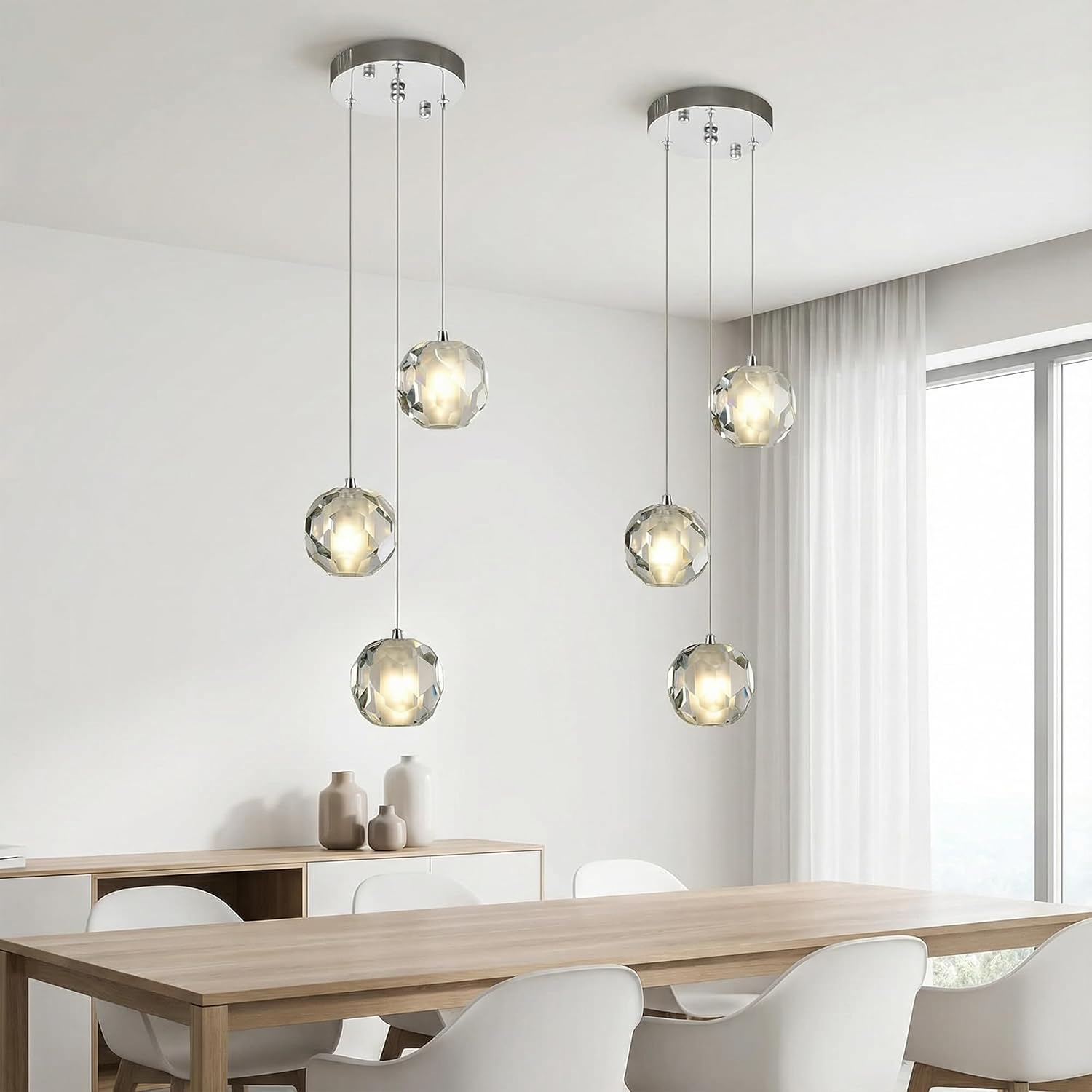 Modern 3-Light Chrome Crystal Globe Pendant Chandelier Adjustable Height with G4 Bulbs