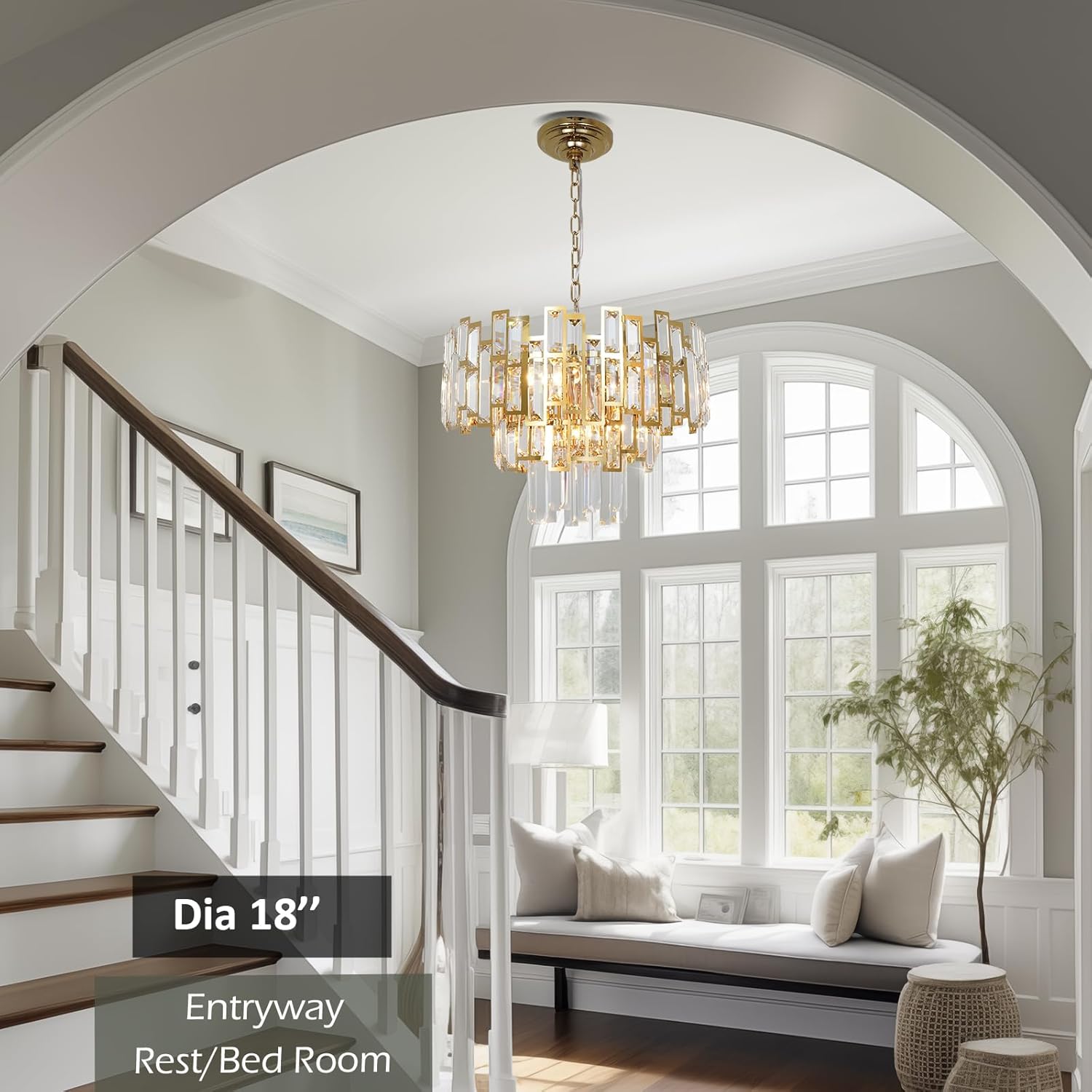 Luxury Gold-Plated Crystal Chandelier - Adjustable Height 3-Tier Round LED Ceiling Pendant with E12 Base