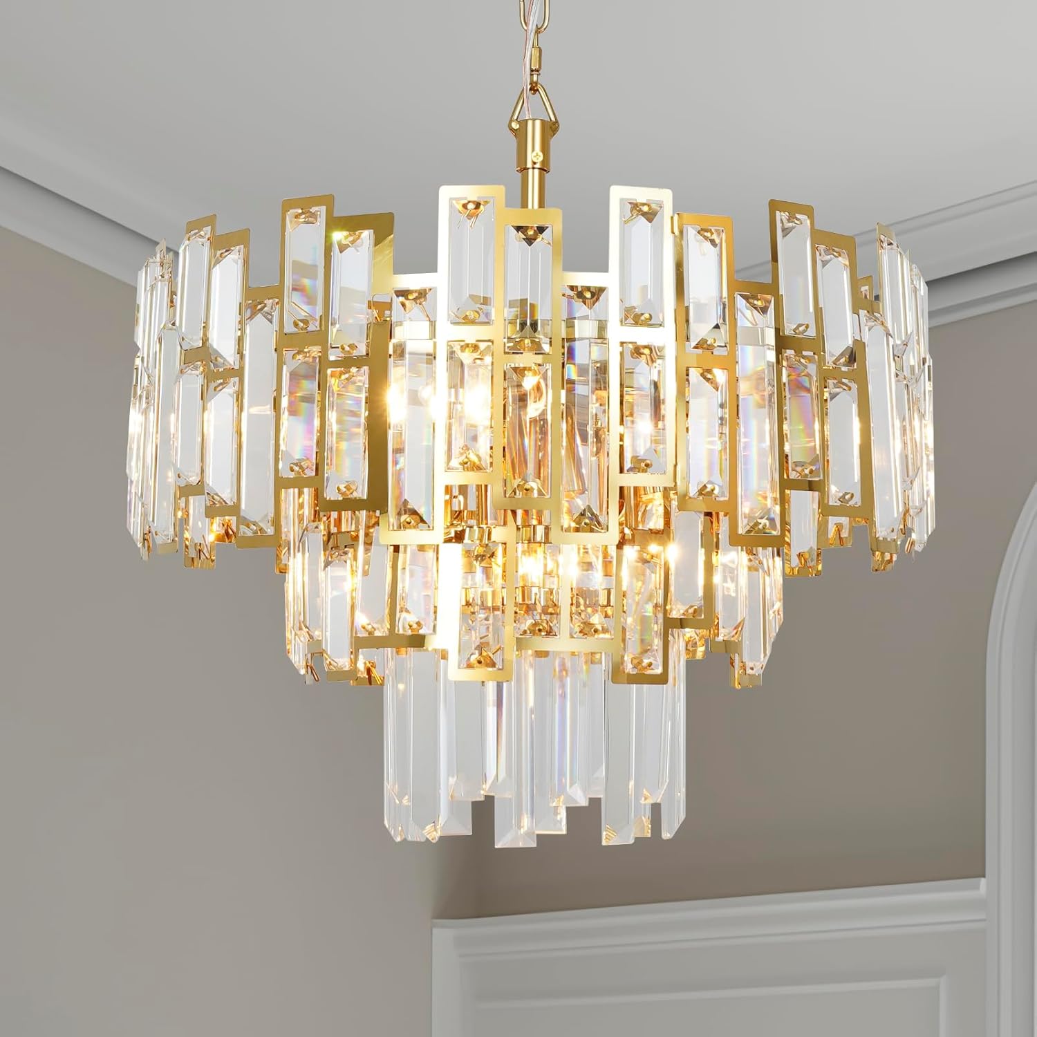 Luxury Gold-Plated Crystal Chandelier - Adjustable Height 3-Tier Round LED Ceiling Pendant with E12 Base