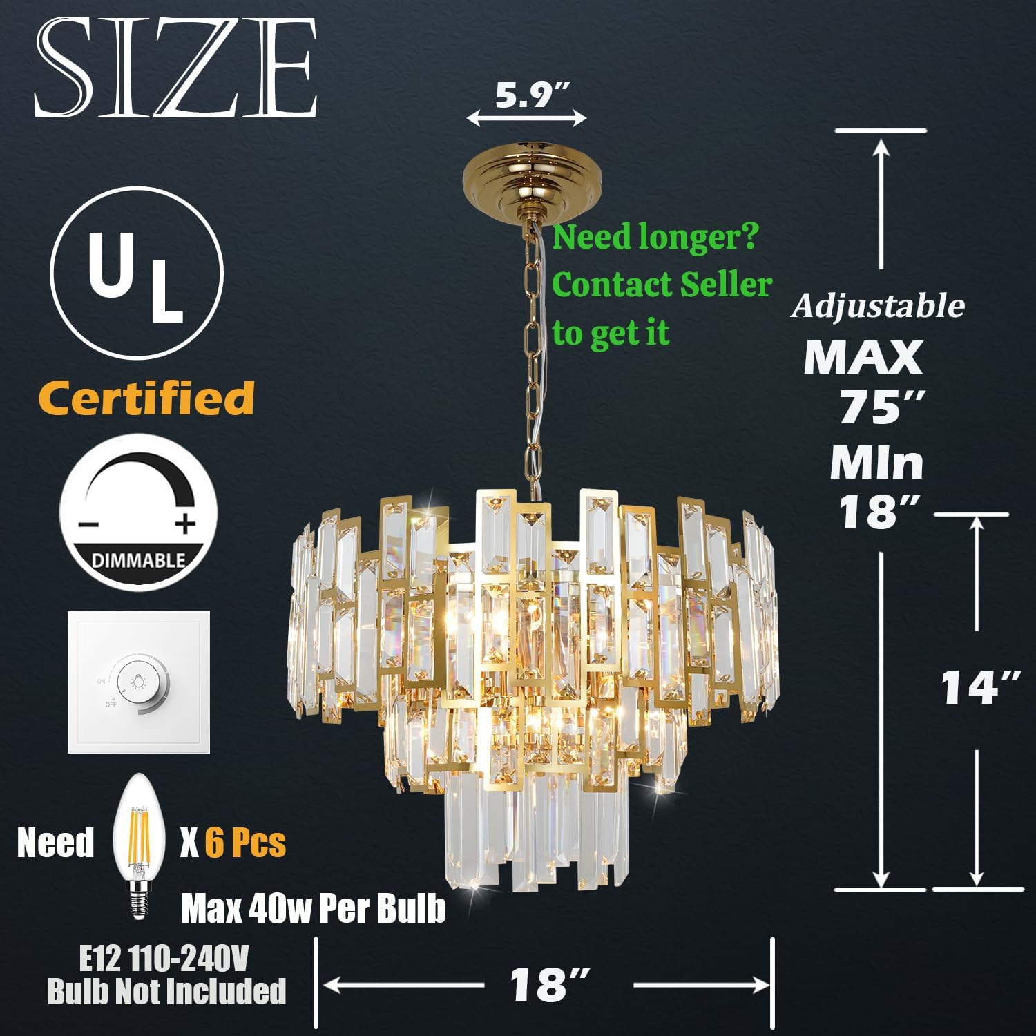 Luxury Gold-Plated Crystal Chandelier - Adjustable Height 3-Tier Round LED Ceiling Pendant with E12 Base