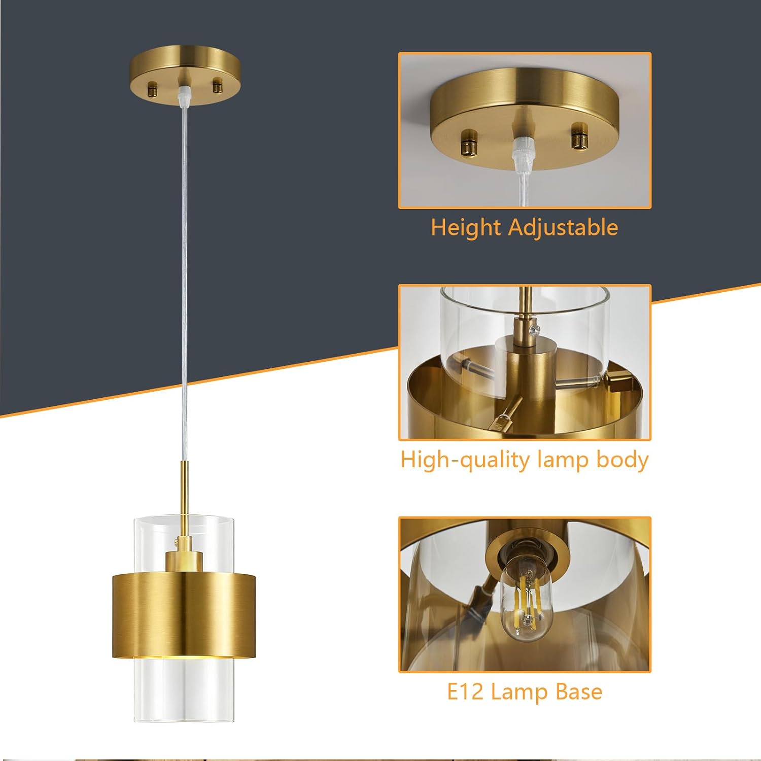 Modern Brass Gold Clear Glass Cylinder Pendant Light Adjustable Height E12 Ceiling Fixture