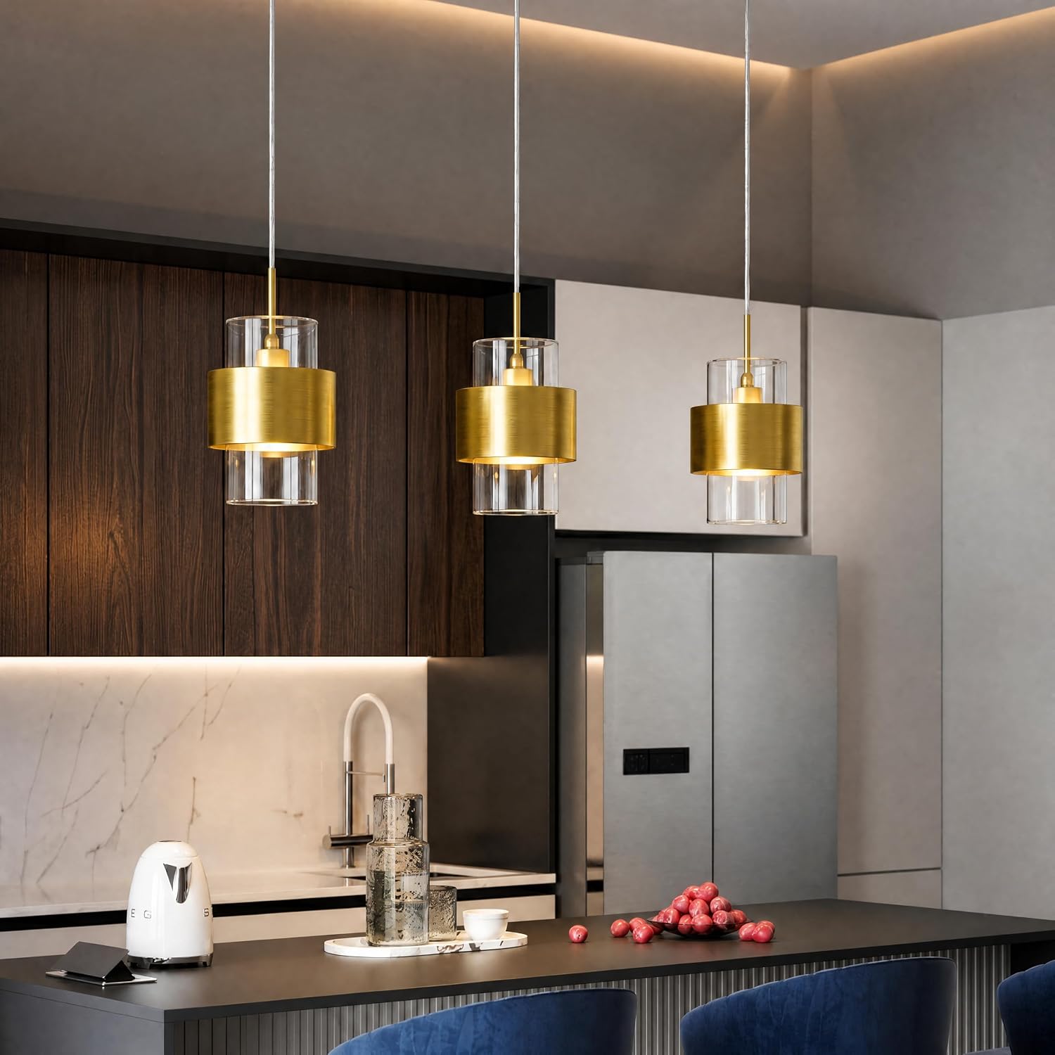 Modern Brass Gold Clear Glass Cylinder Pendant Light Adjustable Height E12 Ceiling Fixture
