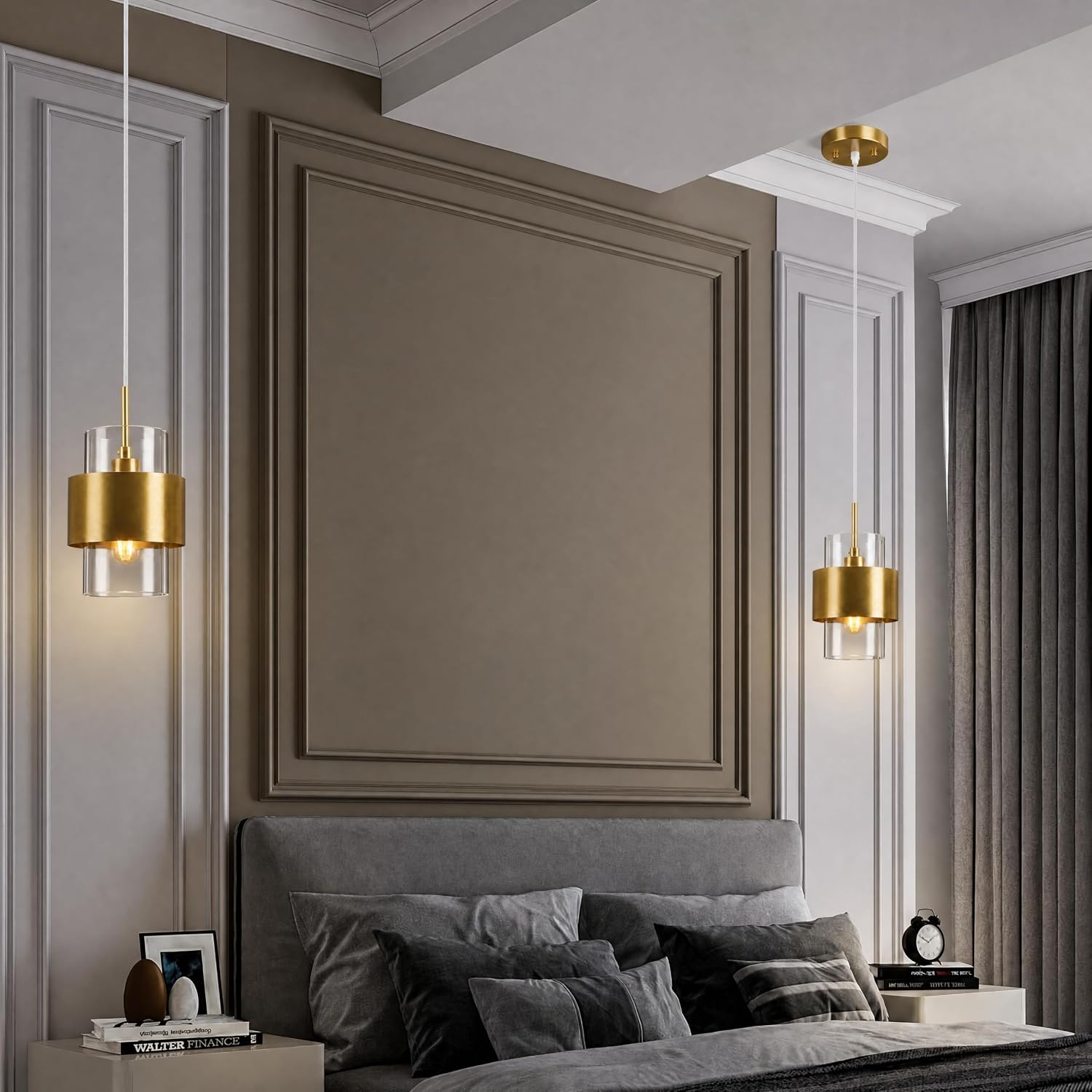 Modern Brass Gold Clear Glass Cylinder Pendant Light Adjustable Height E12 Ceiling Fixture