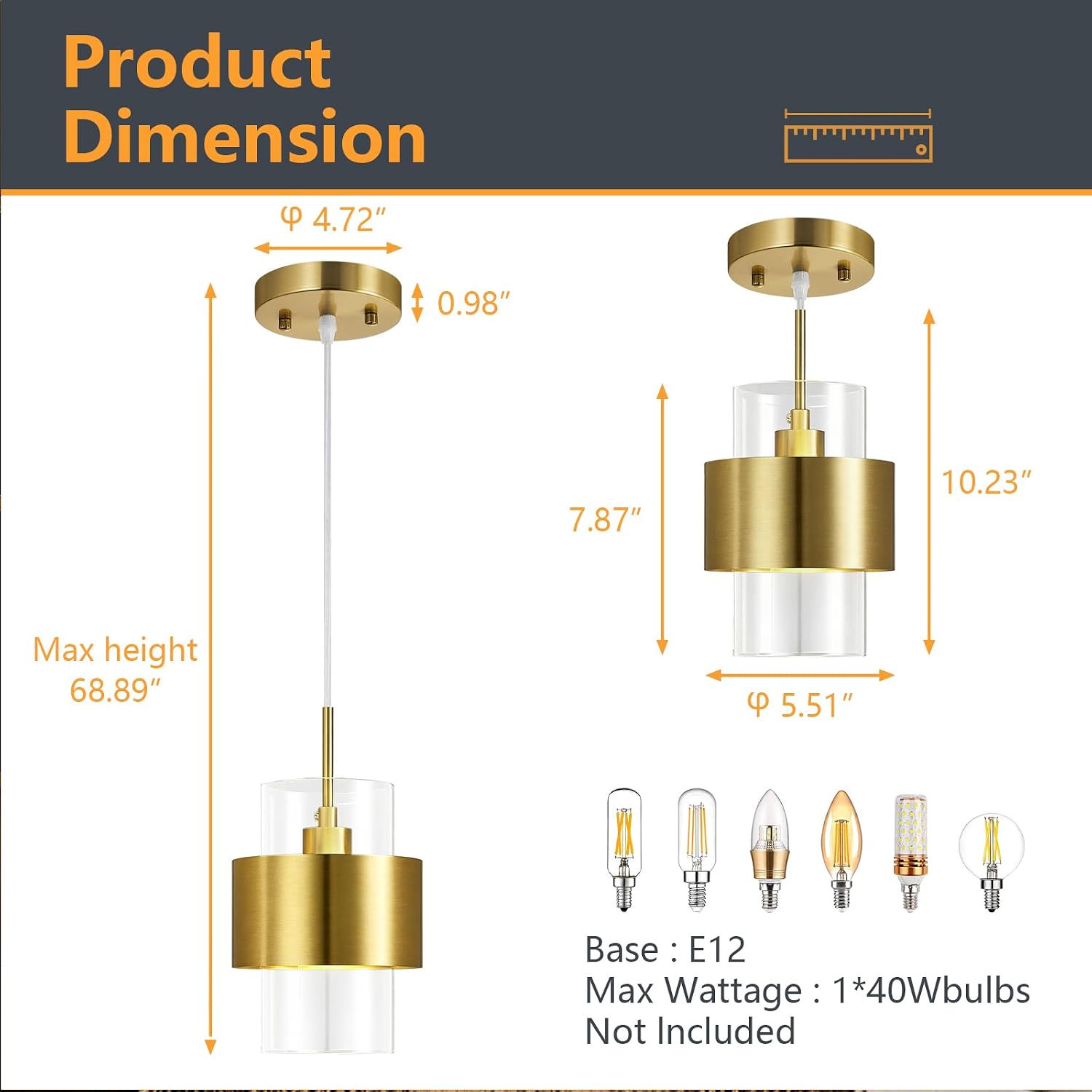 Modern Brass Gold Clear Glass Cylinder Pendant Light Adjustable Height E12 Ceiling Fixture