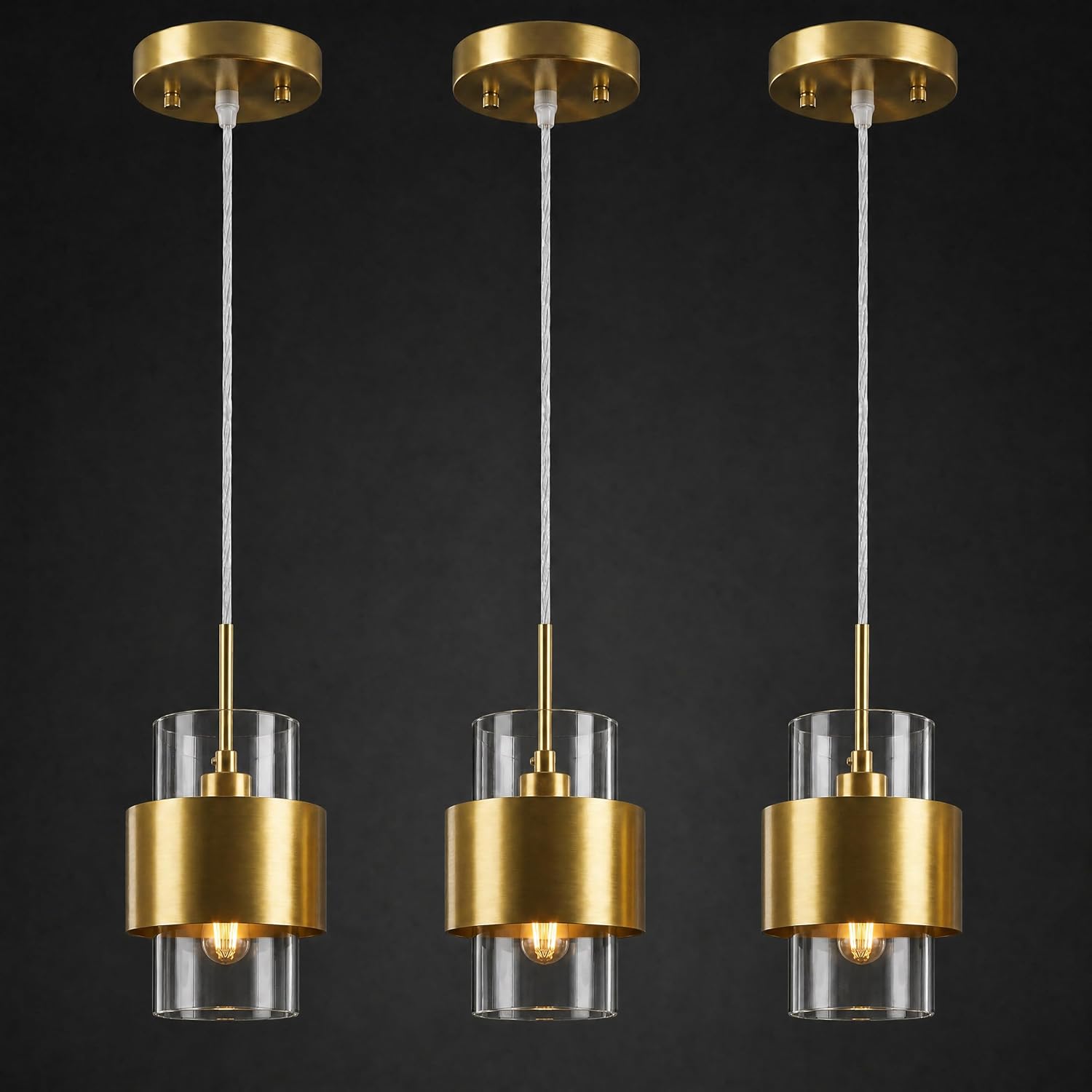 Modern Brass Gold Clear Glass Cylinder Pendant Light Adjustable Height E12 Ceiling Fixture