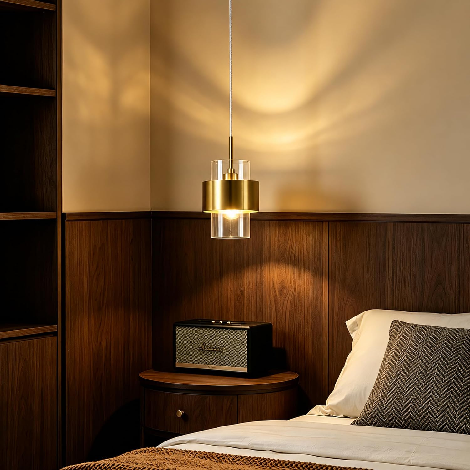 Modern Brass Gold Clear Glass Cylinder Pendant Light Adjustable Height E12 Ceiling Fixture