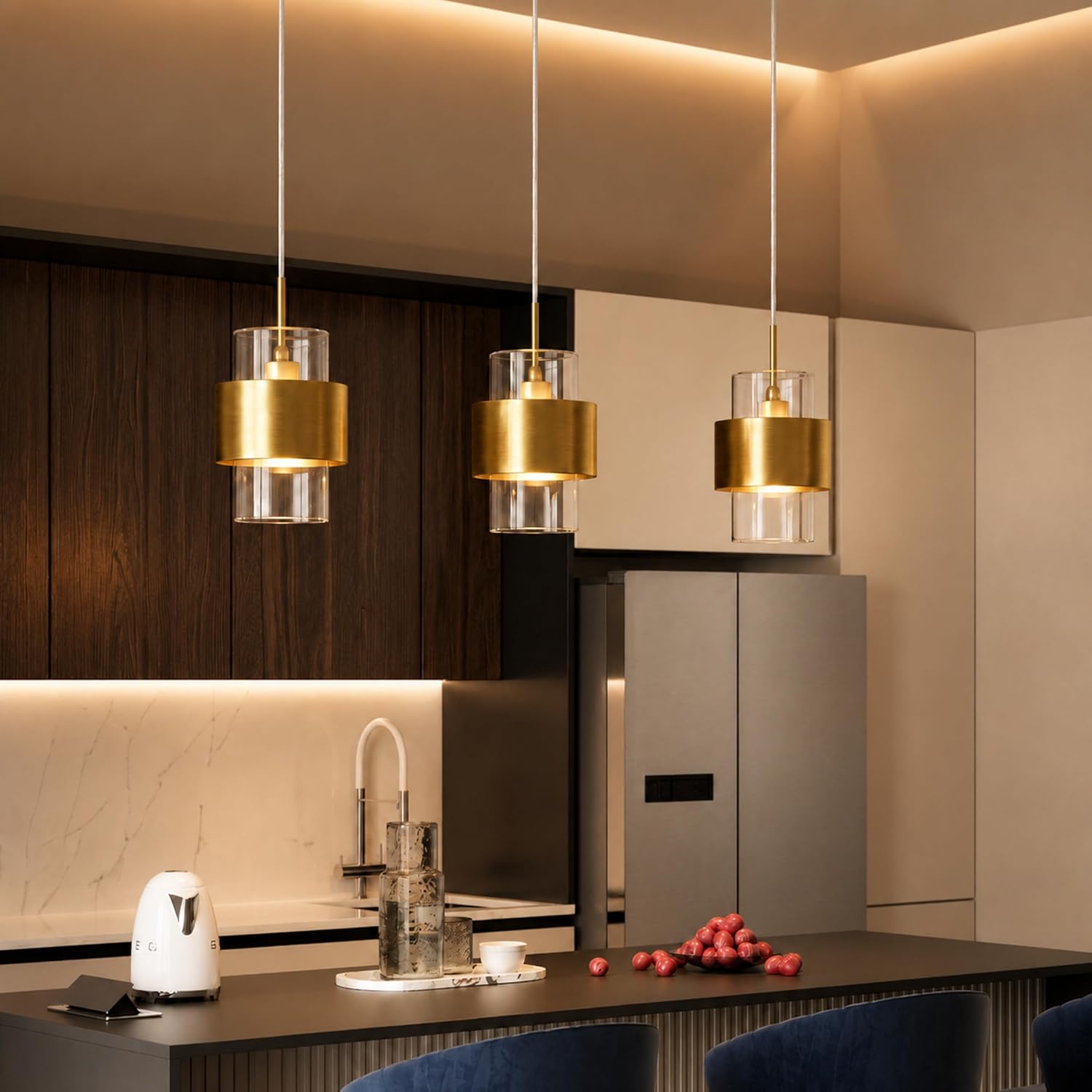 Modern Brass Gold Clear Glass Cylinder Pendant Light Adjustable Height E12 Ceiling Fixture