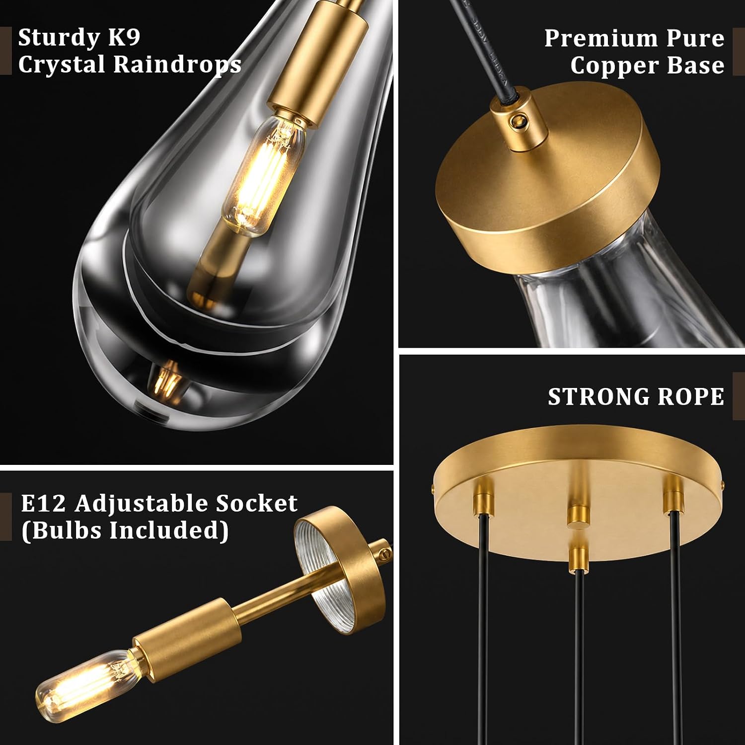 Luxury 7-Light K9 Crystal Raindrop Chandelier Brass Gold Adjustable Height E12 Pendant Lighting