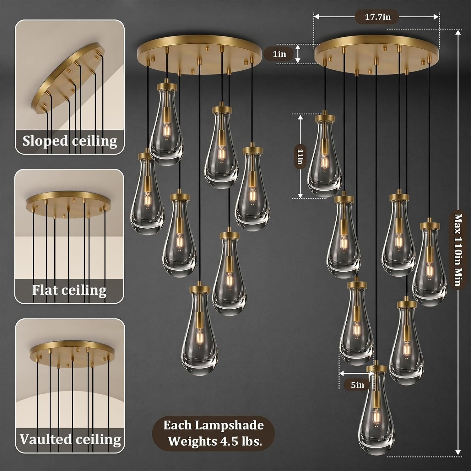 Luxury 7-Light K9 Crystal Raindrop Chandelier Brass Gold Adjustable Height E12 Pendant Lighting