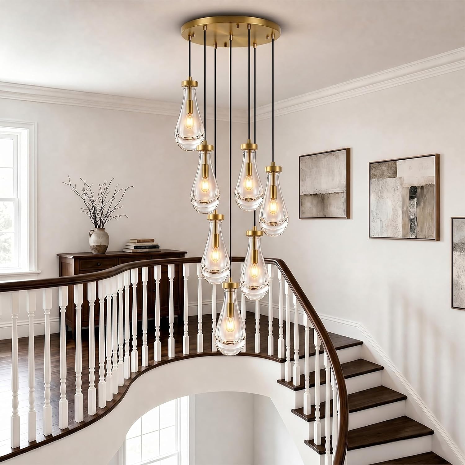 Luxury 7-Light K9 Crystal Raindrop Chandelier Brass Gold Adjustable Height E12 Pendant Lighting