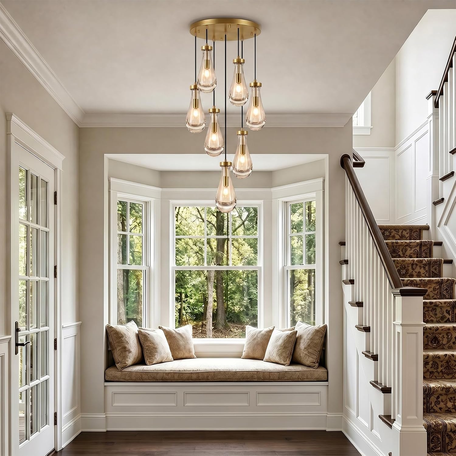 Luxury 7-Light K9 Crystal Raindrop Chandelier Brass Gold Adjustable Height E12 Pendant Lighting