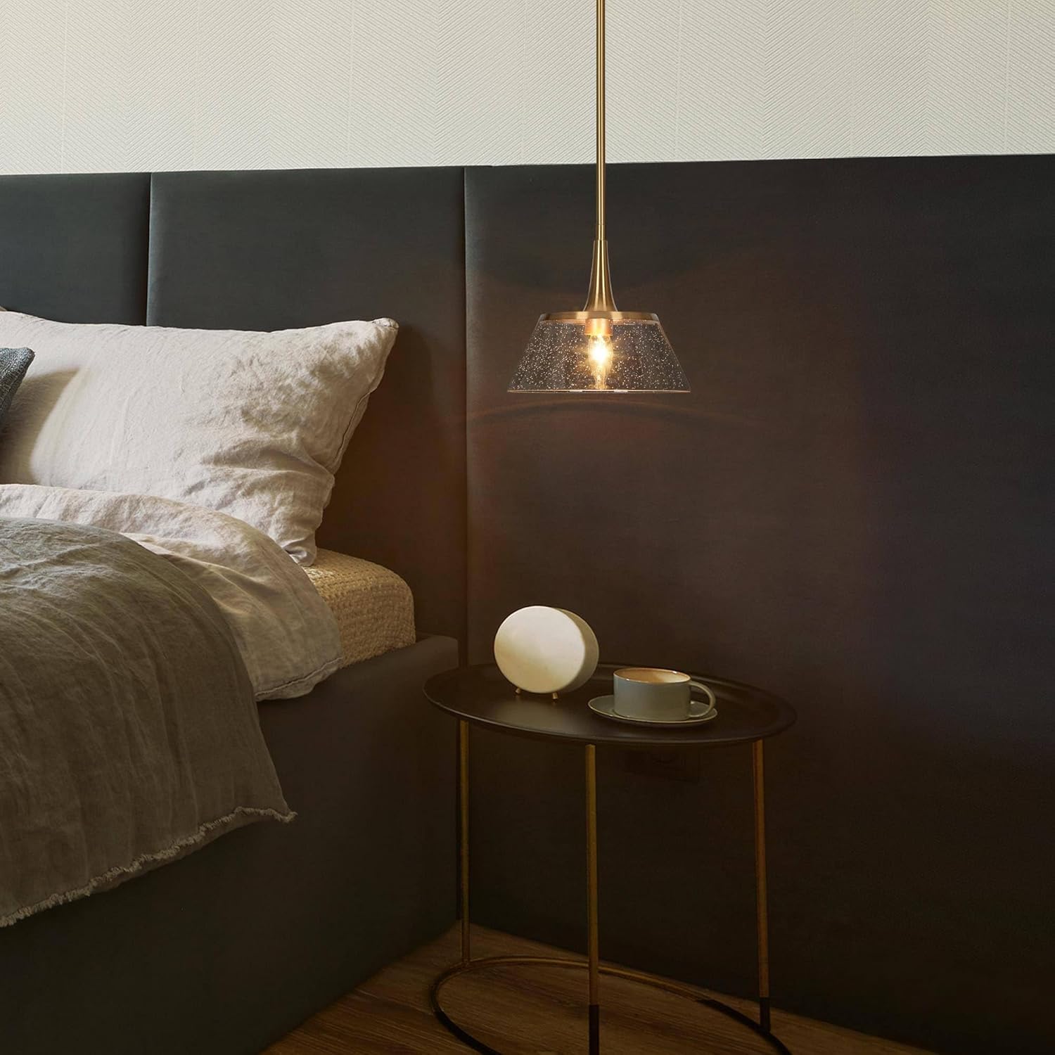 Modern Brass Seeded Glass Pendant Light Adjustable Height Kitchen Island Hanging Lamp