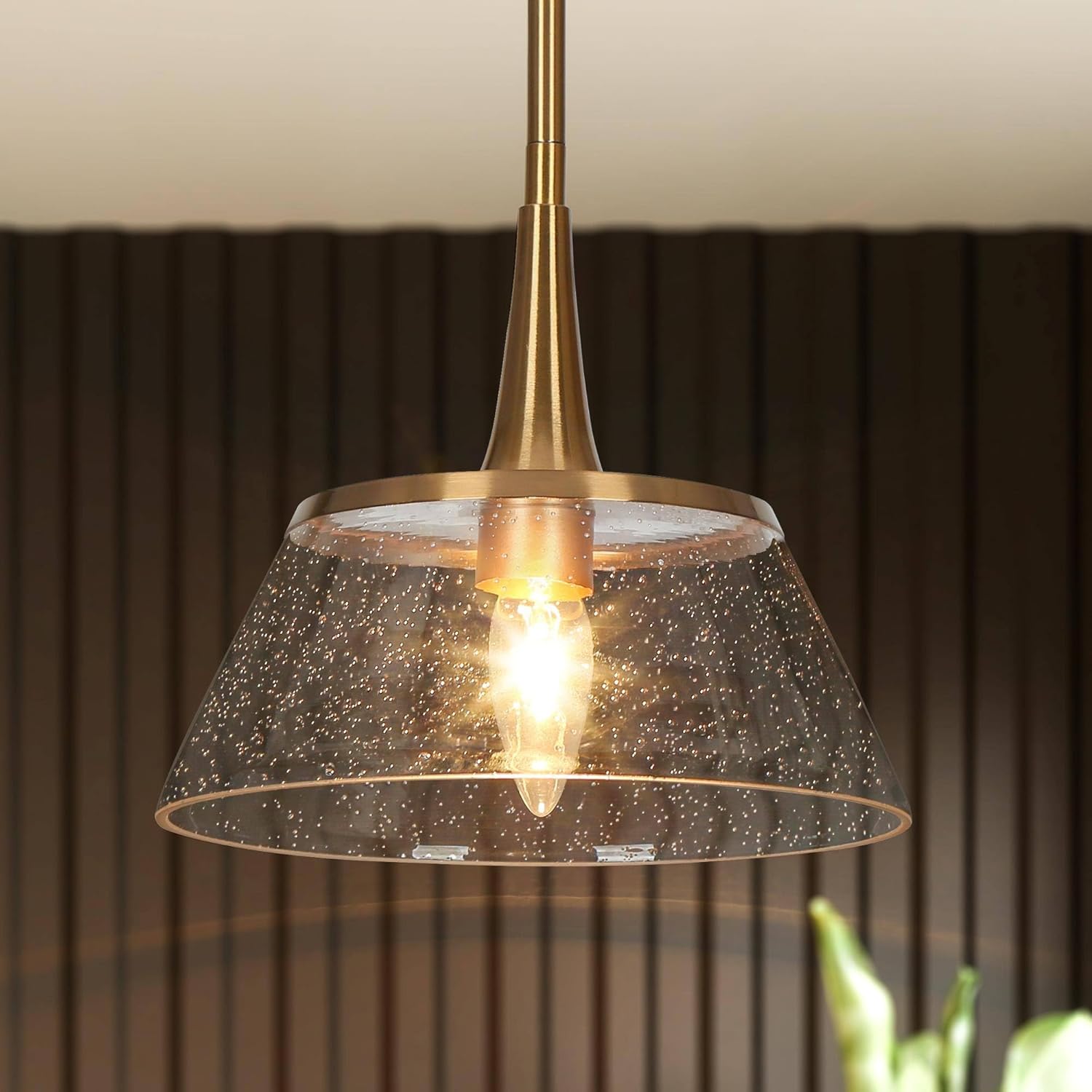 Modern Brass Seeded Glass Pendant Light Adjustable Height Kitchen Island Hanging Lamp