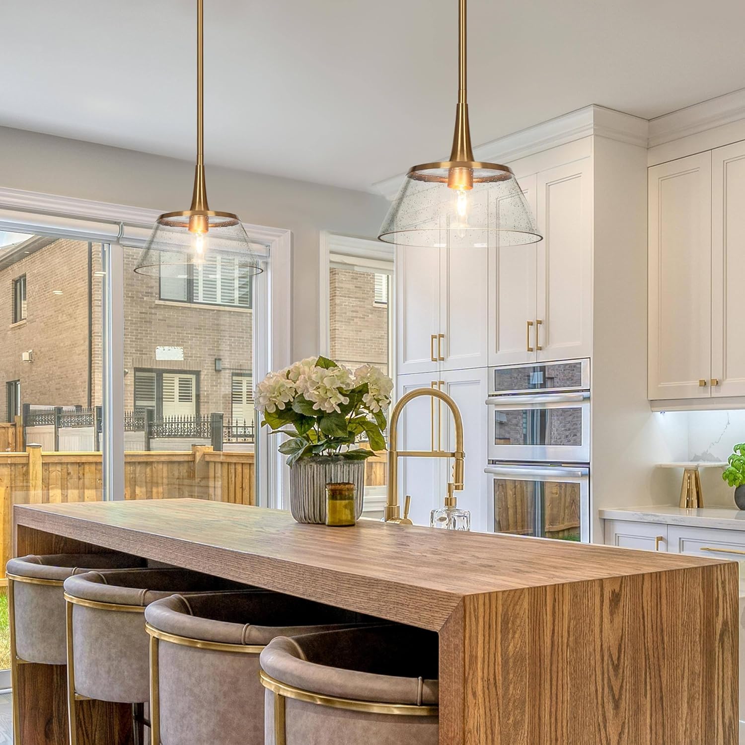 Modern Brass Seeded Glass Pendant Light Adjustable Height Kitchen Island Hanging Lamp