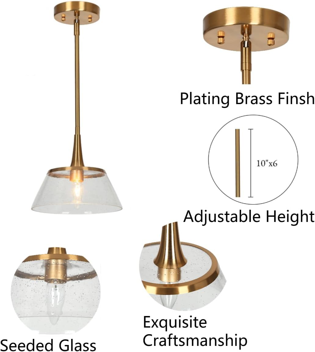 Modern Brass Seeded Glass Pendant Light Adjustable Height Kitchen Island Hanging Lamp