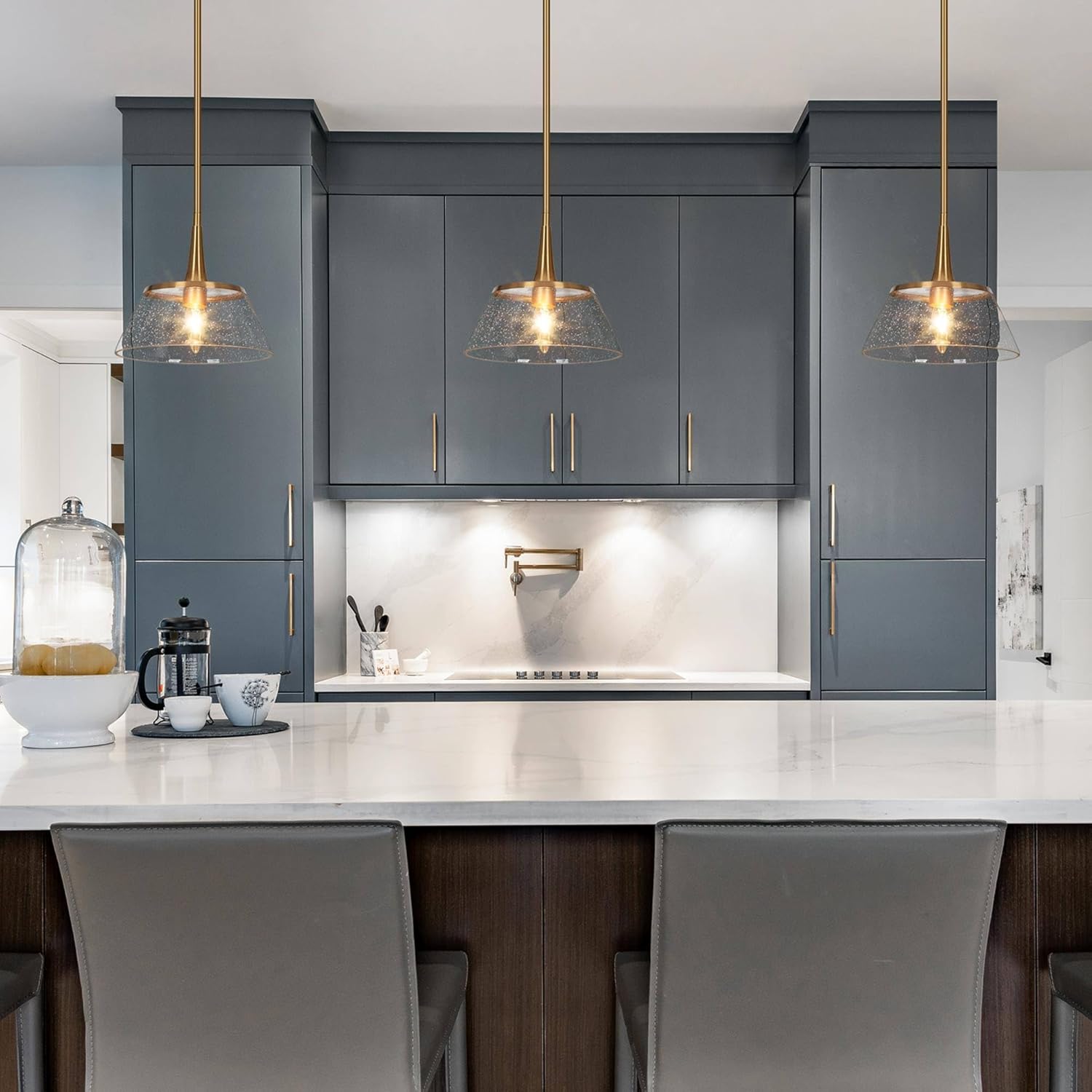Modern Brass Seeded Glass Pendant Light Adjustable Height Kitchen Island Hanging Lamp