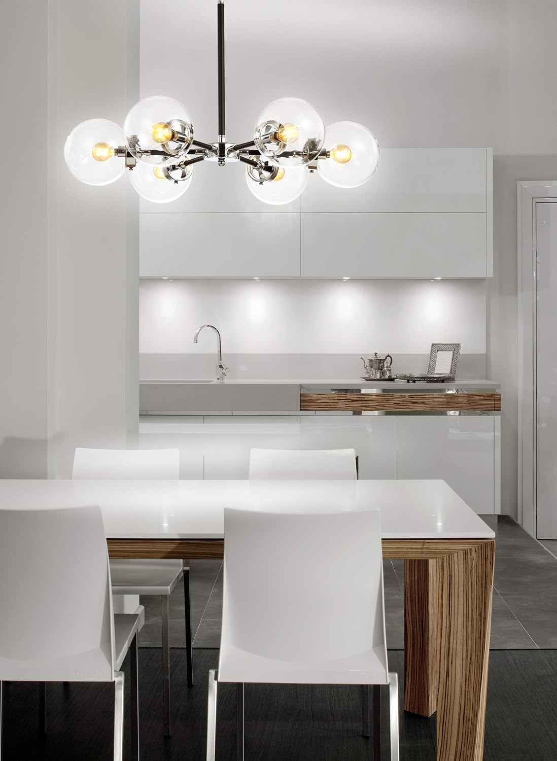 Modern 6-Light Chrome Globe Chandelier with Clear Glass Shades, Adjustable Height