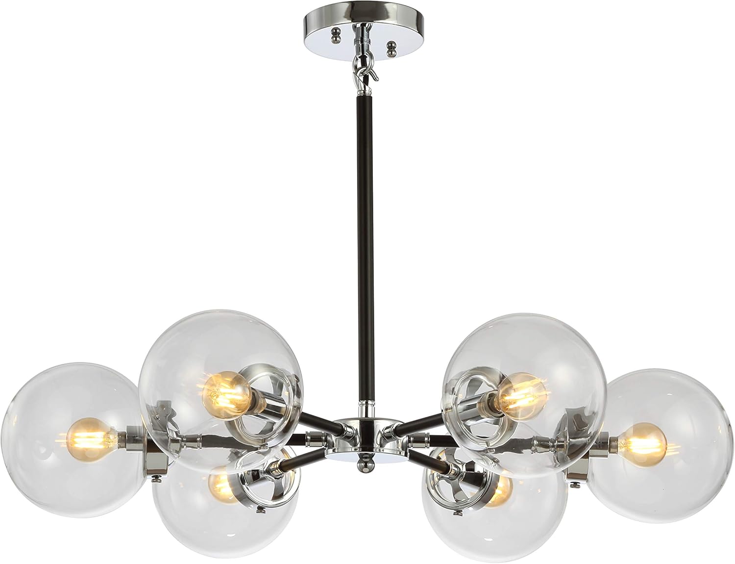 Modern 6-Light Chrome Globe Chandelier with Clear Glass Shades, Adjustable Height