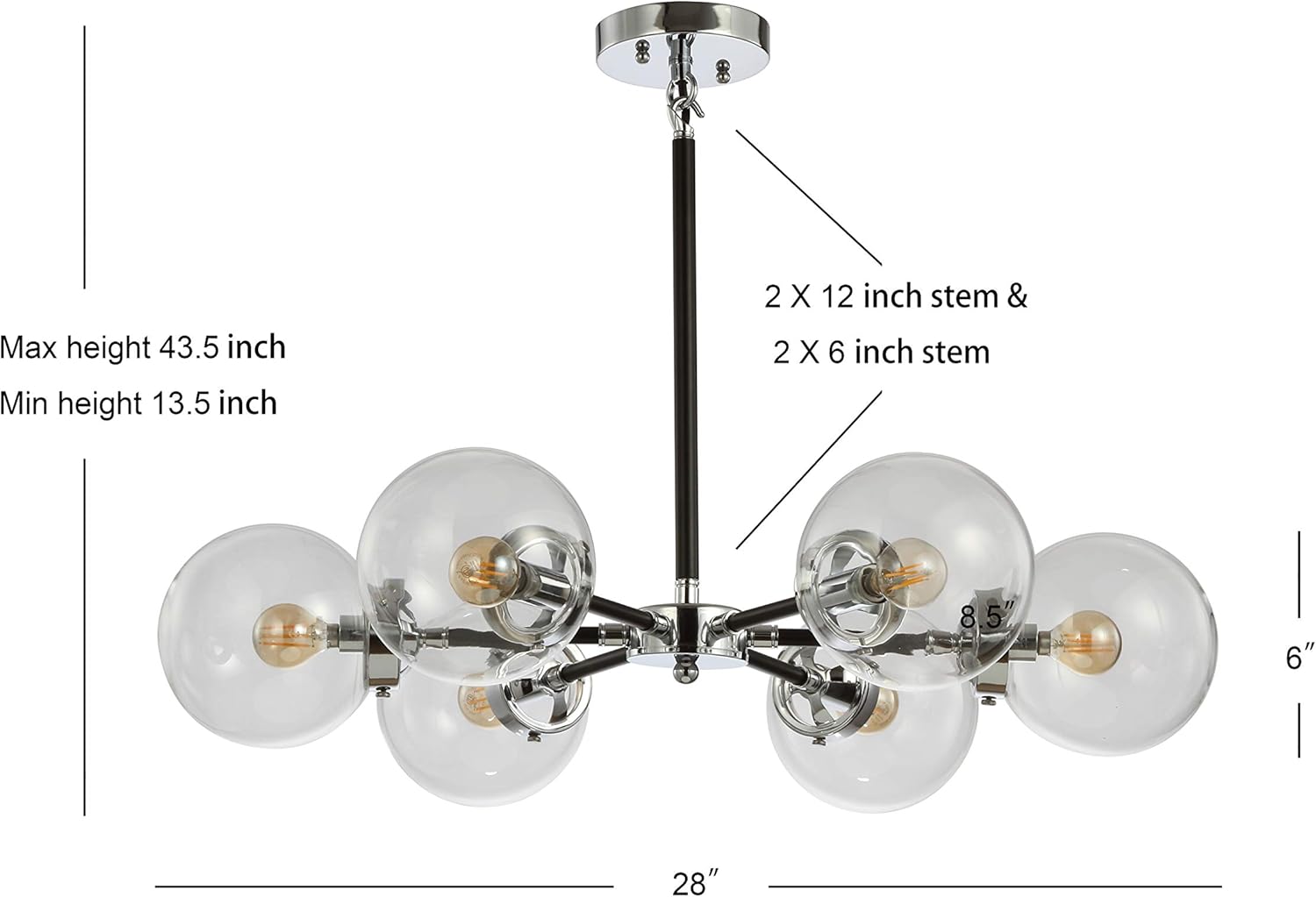 Modern 6-Light Chrome Globe Chandelier with Clear Glass Shades, Adjustable Height
