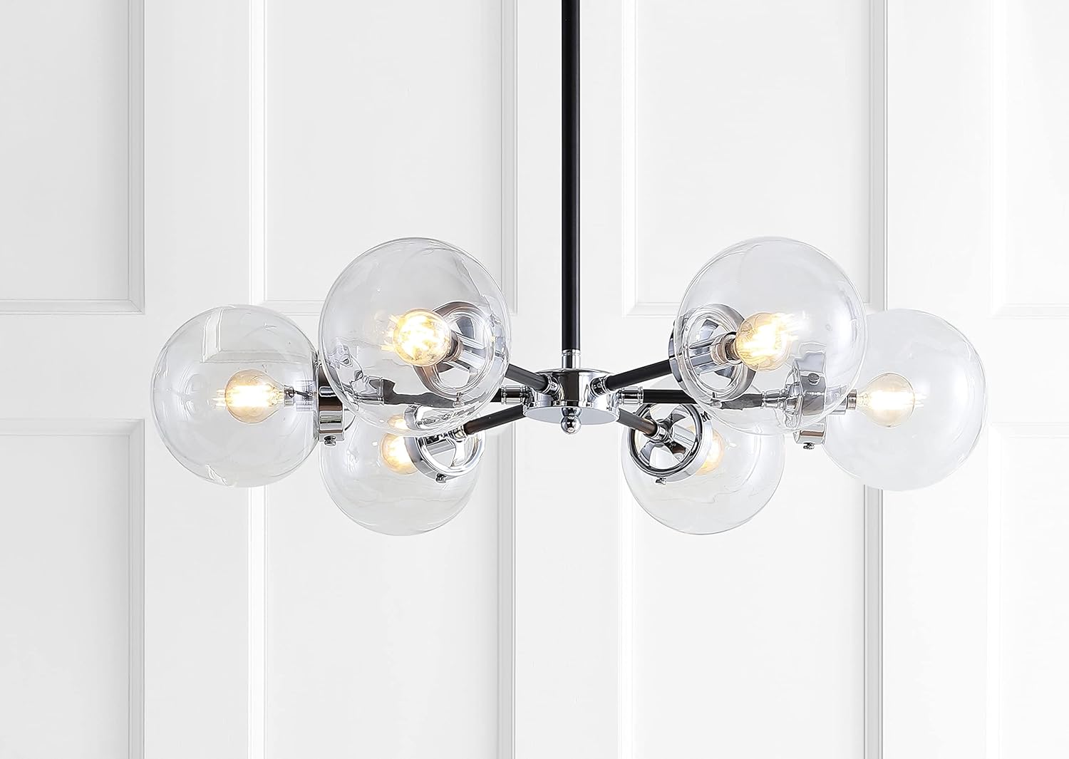 Modern 6-Light Chrome Globe Chandelier with Clear Glass Shades, Adjustable Height